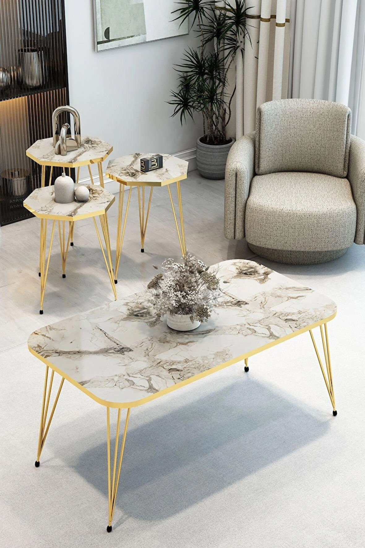 3'Lü Sekizgen Zigon Sehpa ve Dikdörtgen Orta Sehpa Takımı Modern Gold Metal Ayaklı Salon Sehpa Seti