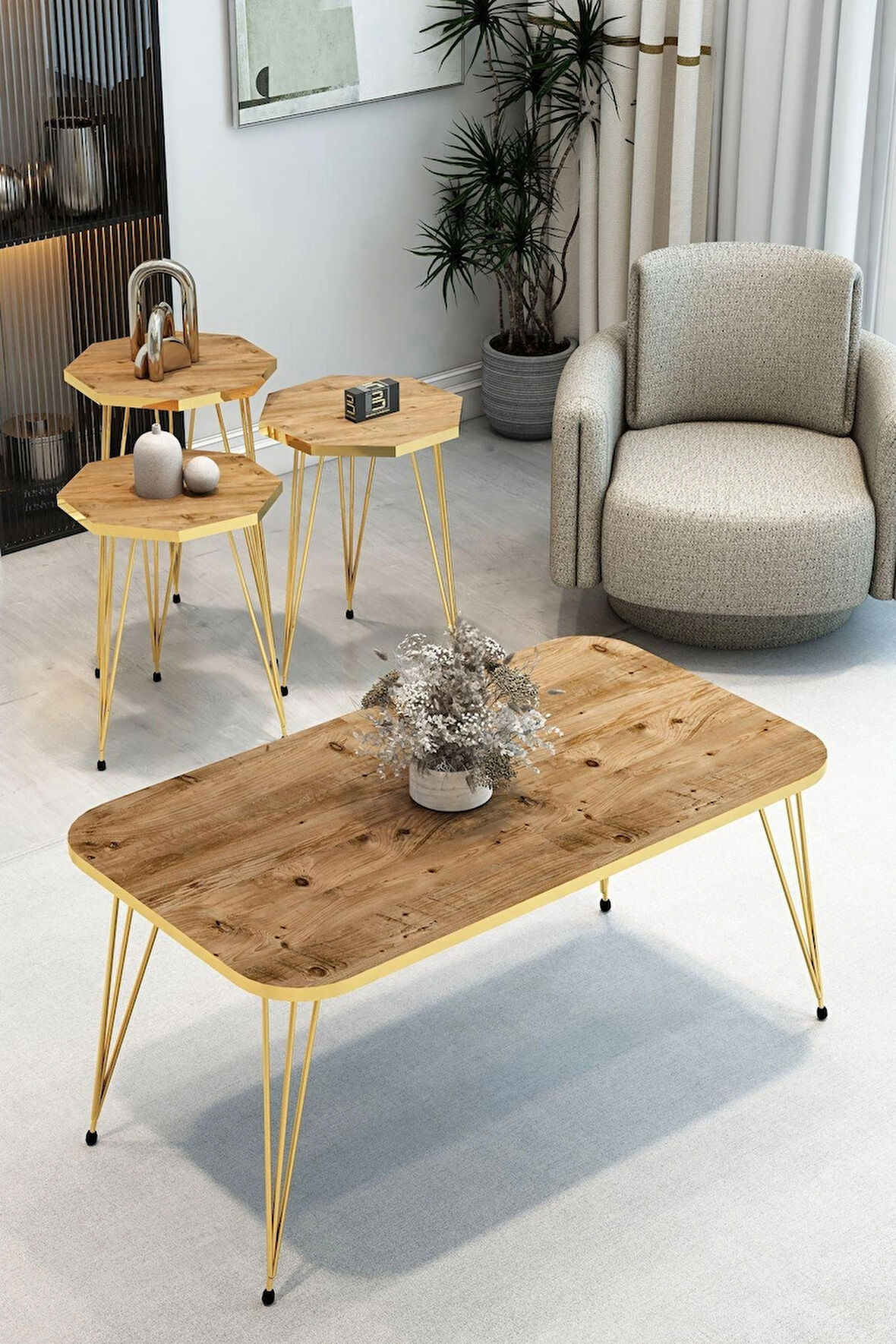 3'Lü Sekizgen Zigon Sehpa ve Dikdörtgen Orta Sehpa Takımı Modern Gold Metal Ayaklı Salon Sehpa Seti