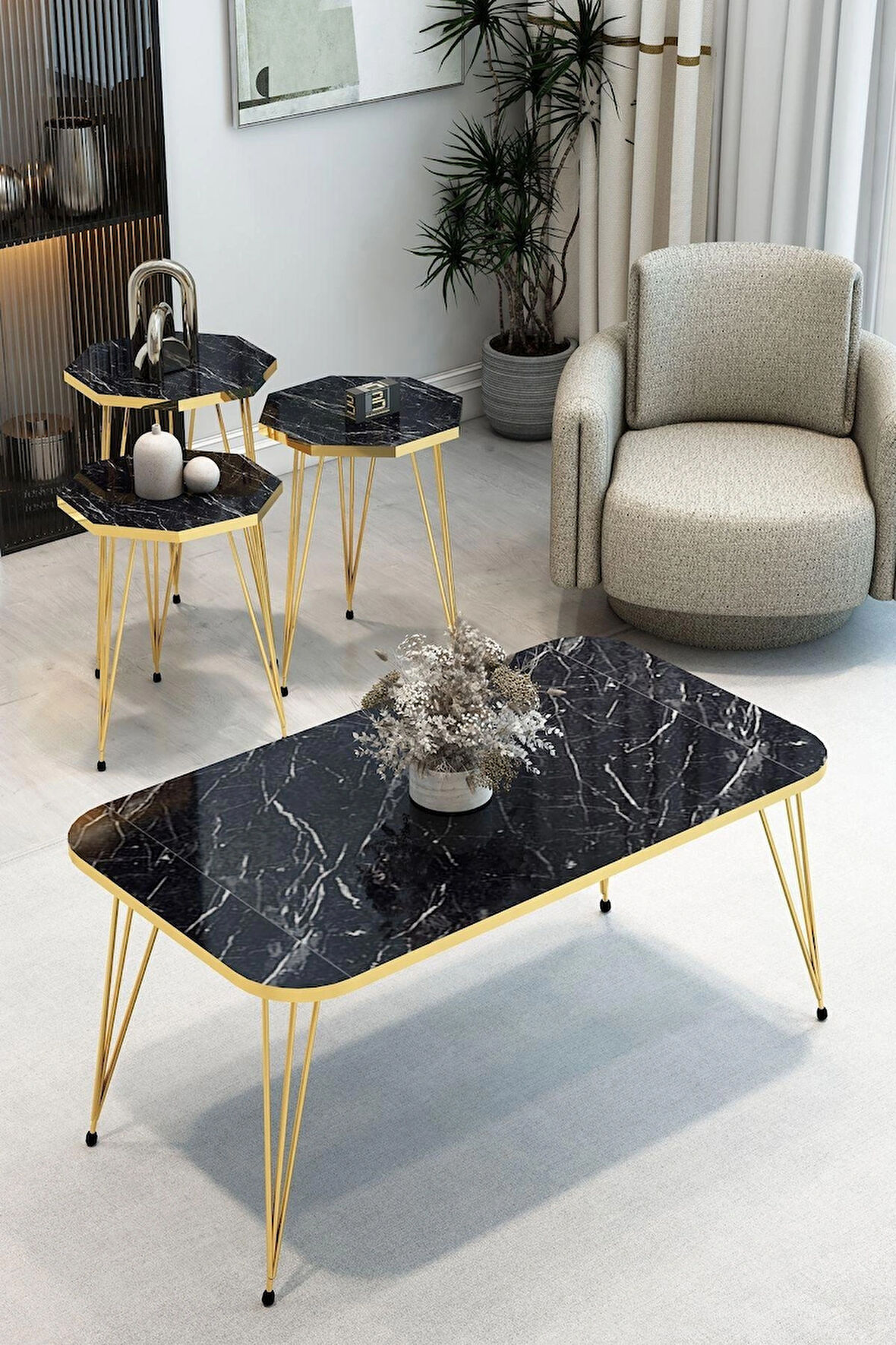 3'Lü Sekizgen Zigon Sehpa ve Dikdörtgen Orta Sehpa Takımı Modern Gold Metal Ayaklı Salon Sehpa Seti