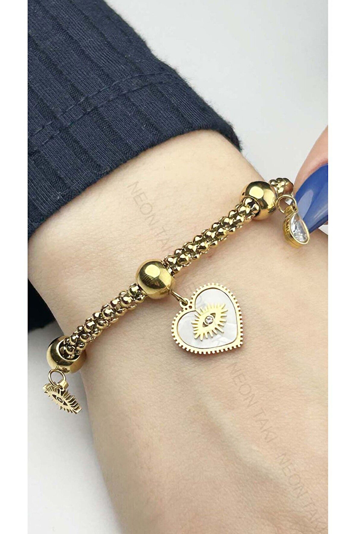 Zirkon Taşlı, Göz Kalp Sallantılı, Paslanmaz Çelik Bileklik 6, Altın Renk