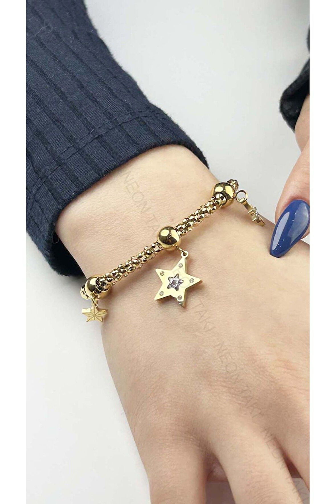 Yıldız Figürlü, Paslanmaz Çelik Zincir Bileklik 7, Altın Renk