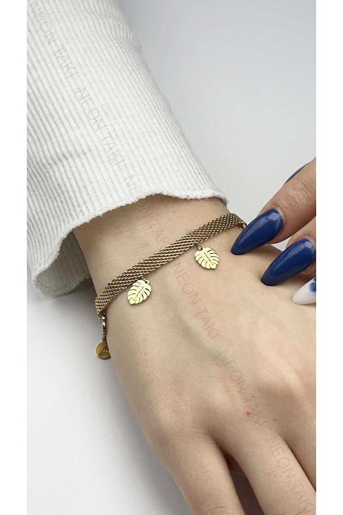 Yaprak, Hasır, Paslanmaz Çelik Zincir Bileklik 19, Altın Renk