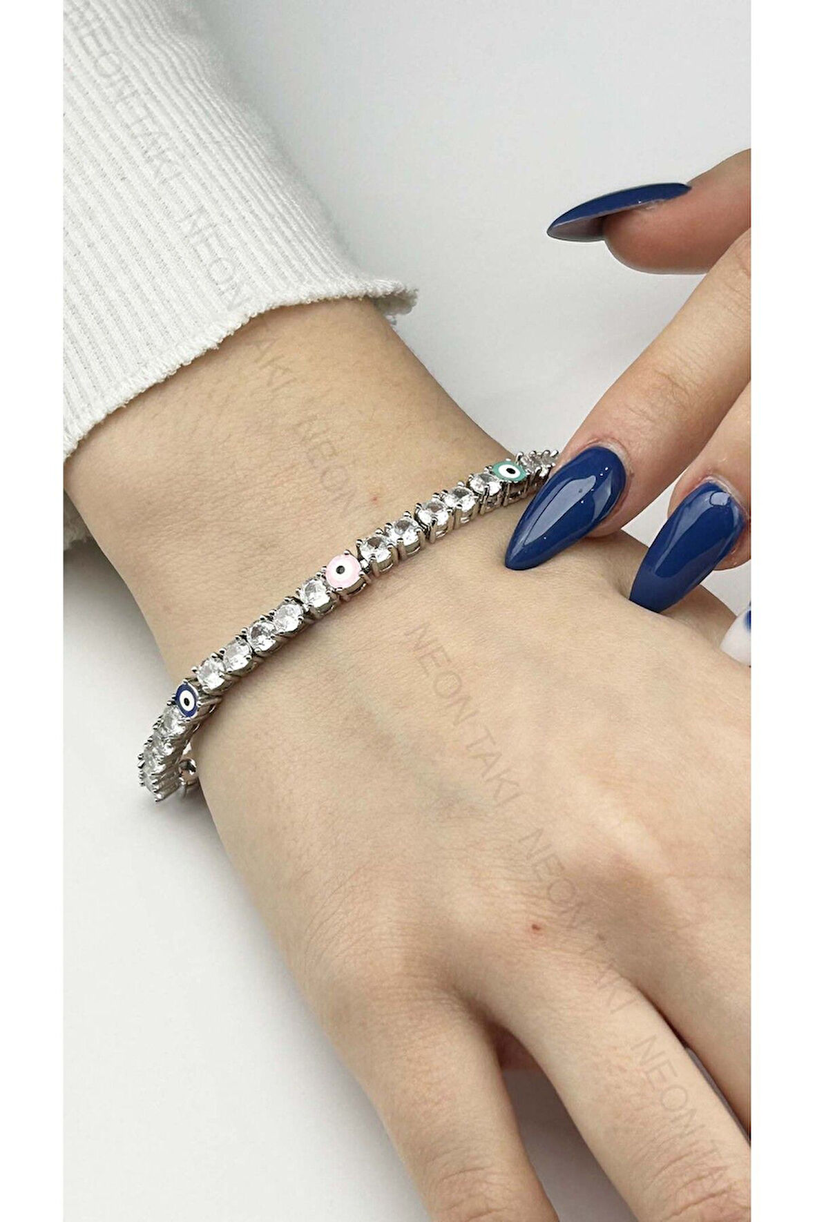 Su Yolu, Nazarlı, Zirkon Taşlı, Zincir Bileklik 39, Gümüş Renk