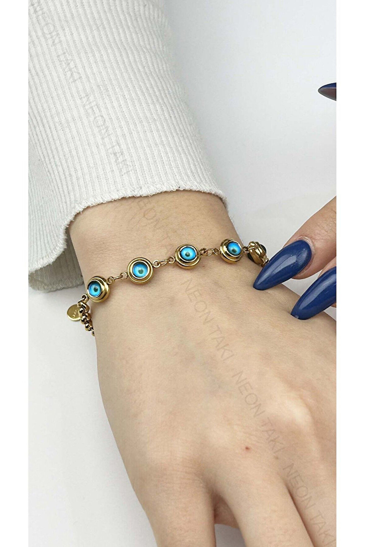 Göz Figürlü, Paslanmaz Çelik Zincir Bileklik 55, Altın Renk