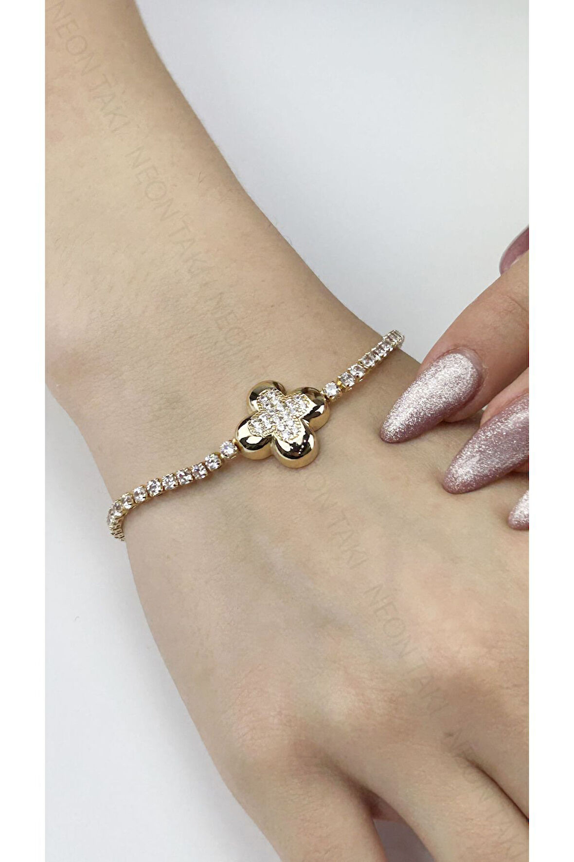 Zirkon Taşlı, Paslanmaz Çelik Zincir Bileklik 78, Altın Renk