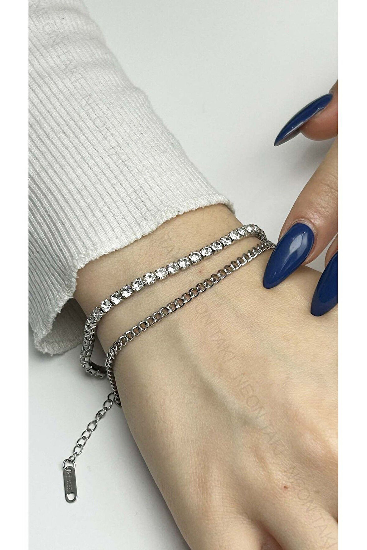 Zirkon Taşlı, Paslanmaz Çelik Zincir Bileklik 144, Gümüş Renk