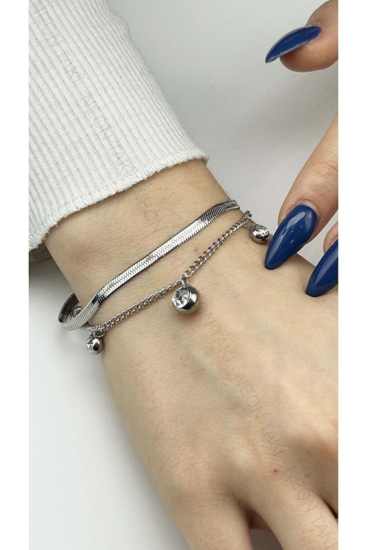 Zirkon Taşlı, Italyan Zinciri, Sallantılı, Paslanmaz Bileklik 160, Gümüş Renk