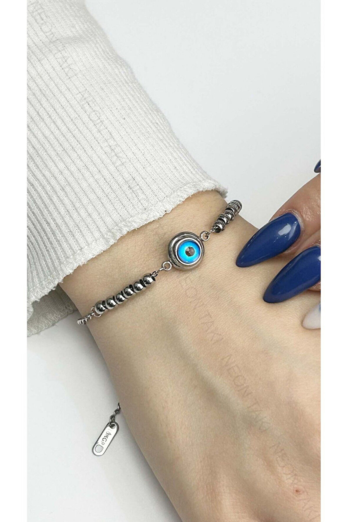 Göz Figürlü, Topçuklu, Paslanmaz Çelik Zincir Bileklik 396, Gümüş Renk