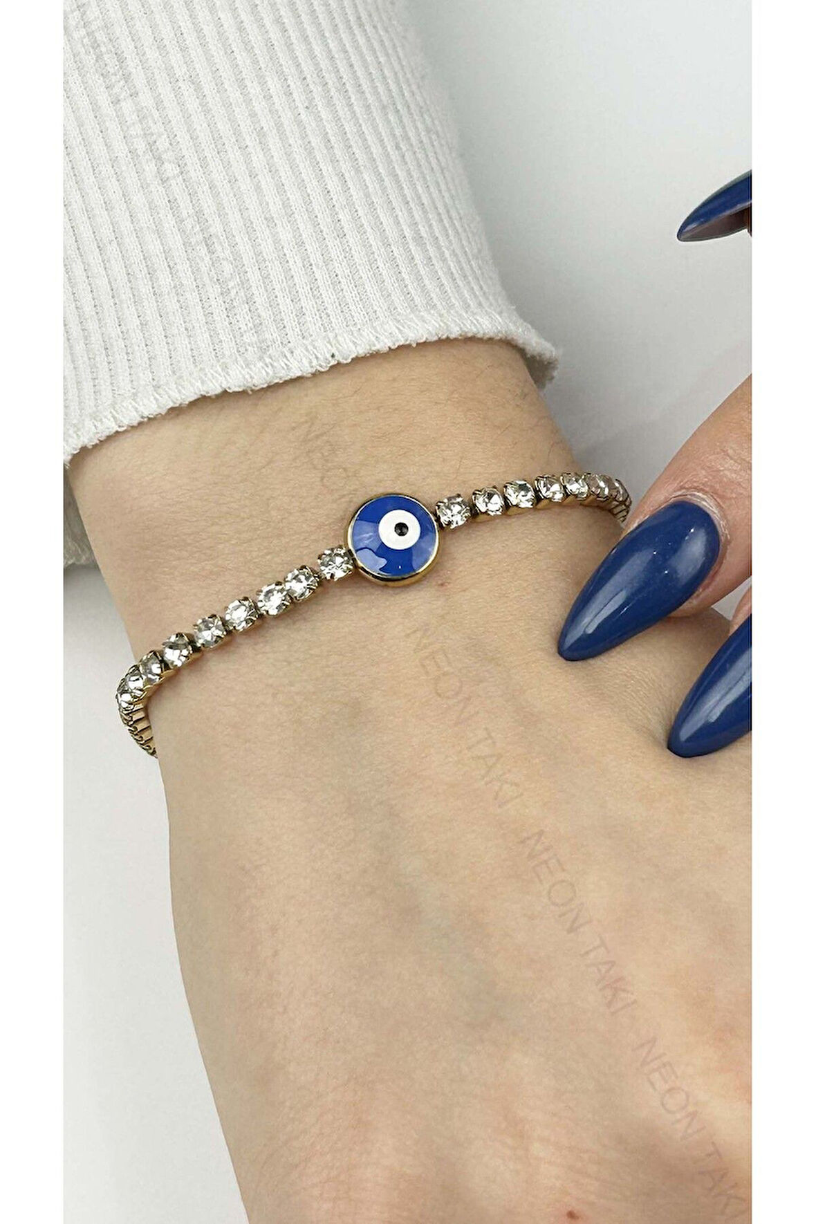 Tek Nazarlı, Zirkon Taş, Paslanmaz Çelik Zincir Bileklik 385, Altın Renk