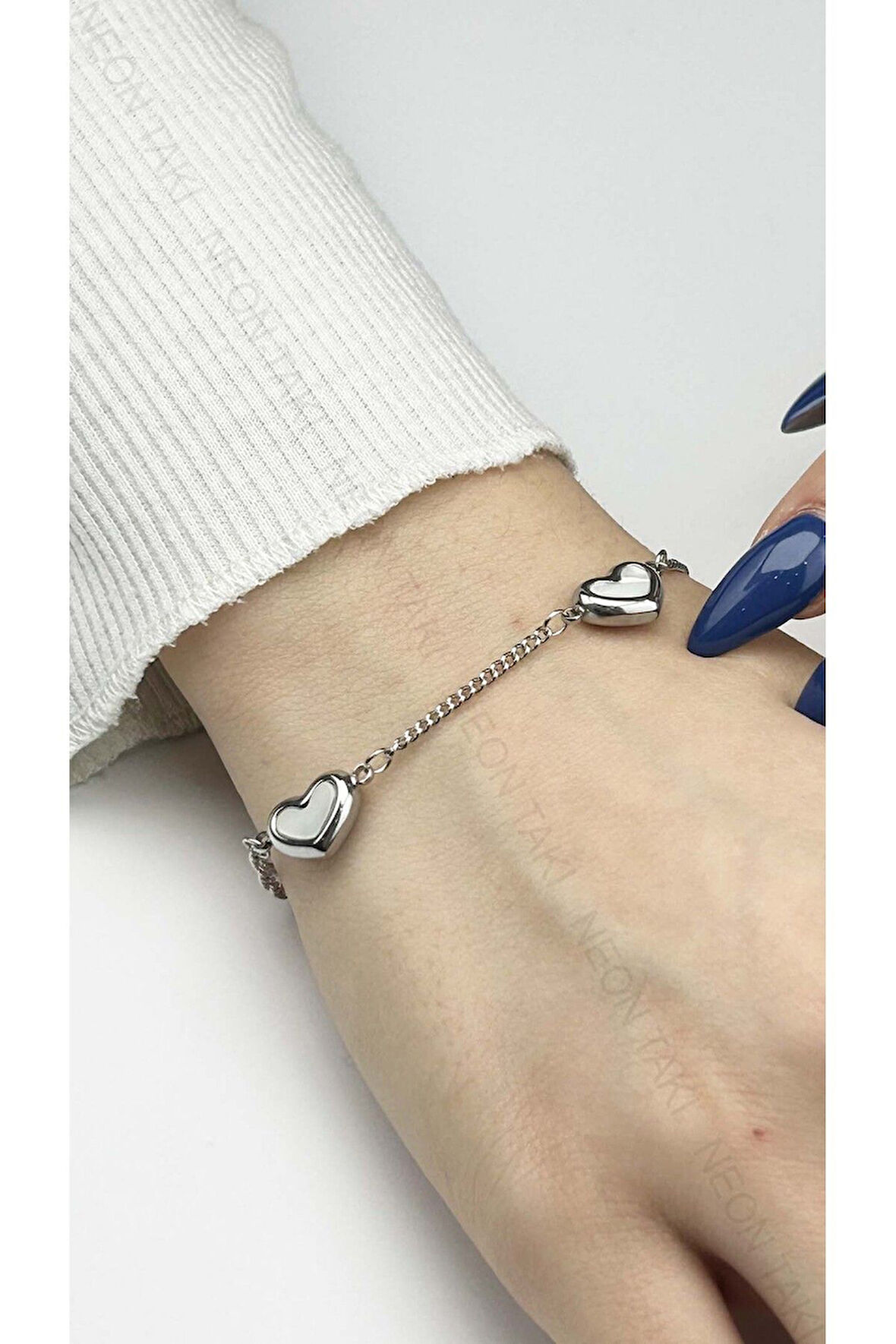 Sedefli Kalp Figürlü, Paslanmaz Çelik Zincir Bileklik 405, Gümüş Renk