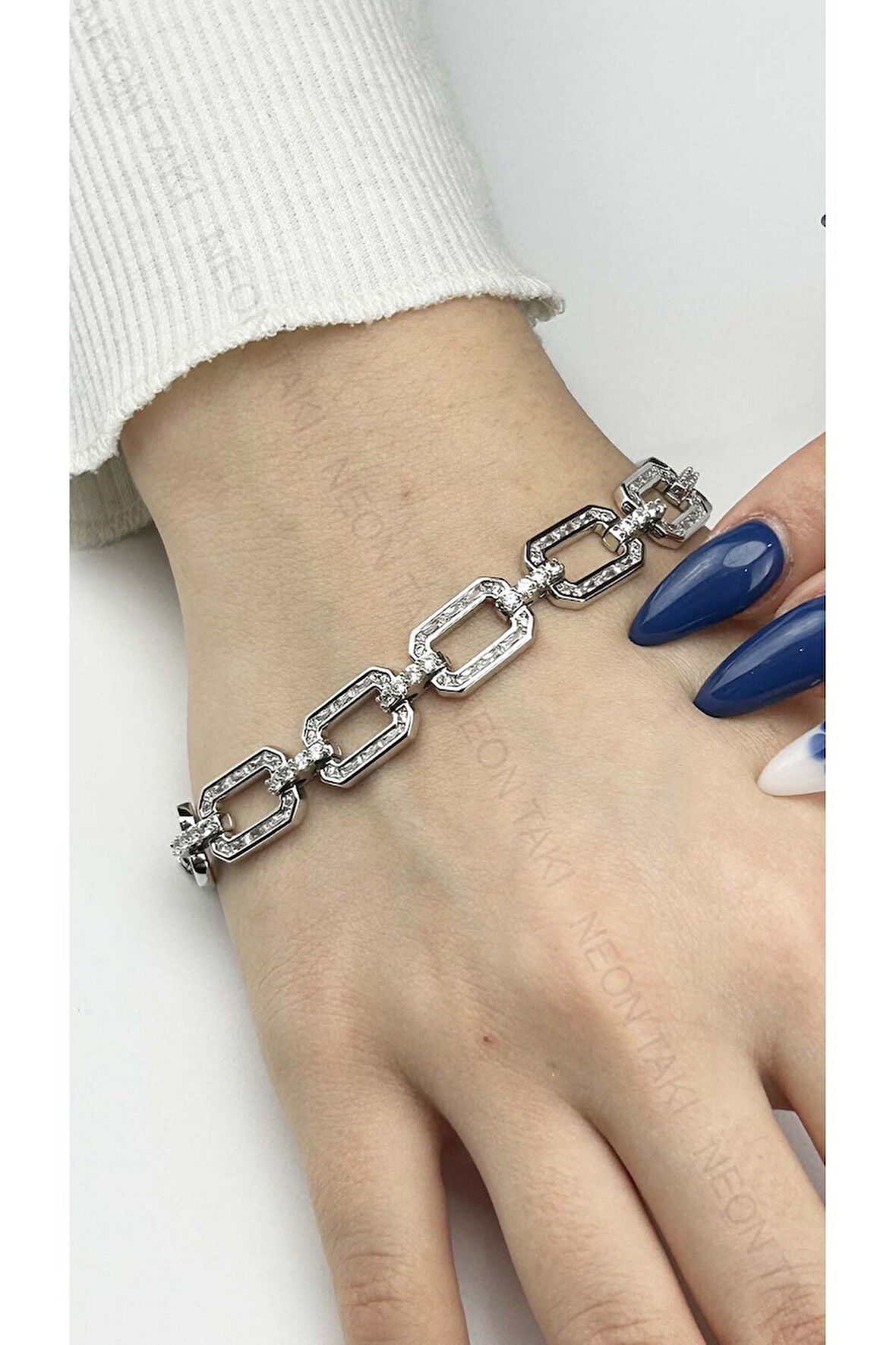 Zirkon Taşlı, Platinyum Kaplama, Paslanmaz Çelik Bileklik 437, Gümüş Renk