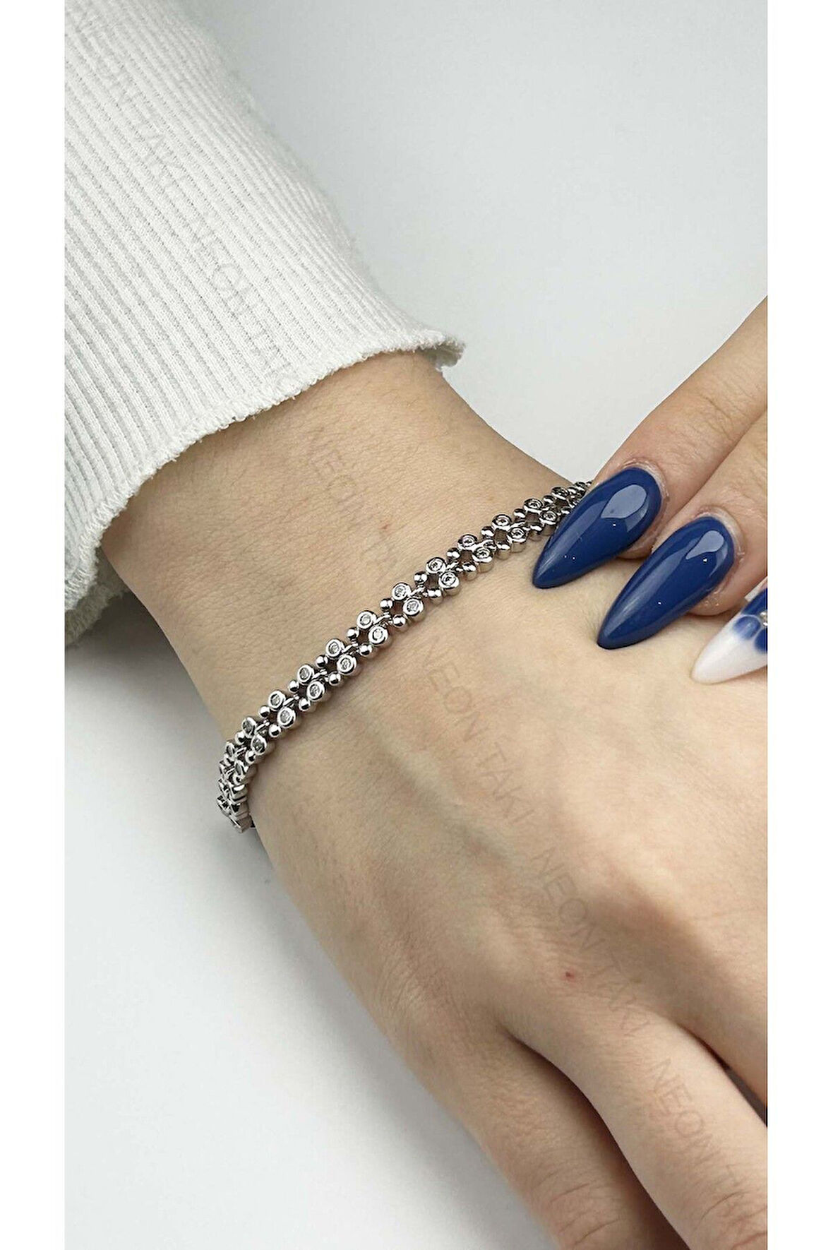 Zirkon Taşlı, Platinyum Kaplama, Paslanmaz Çelik Bileklik 444, Gümüş Renk