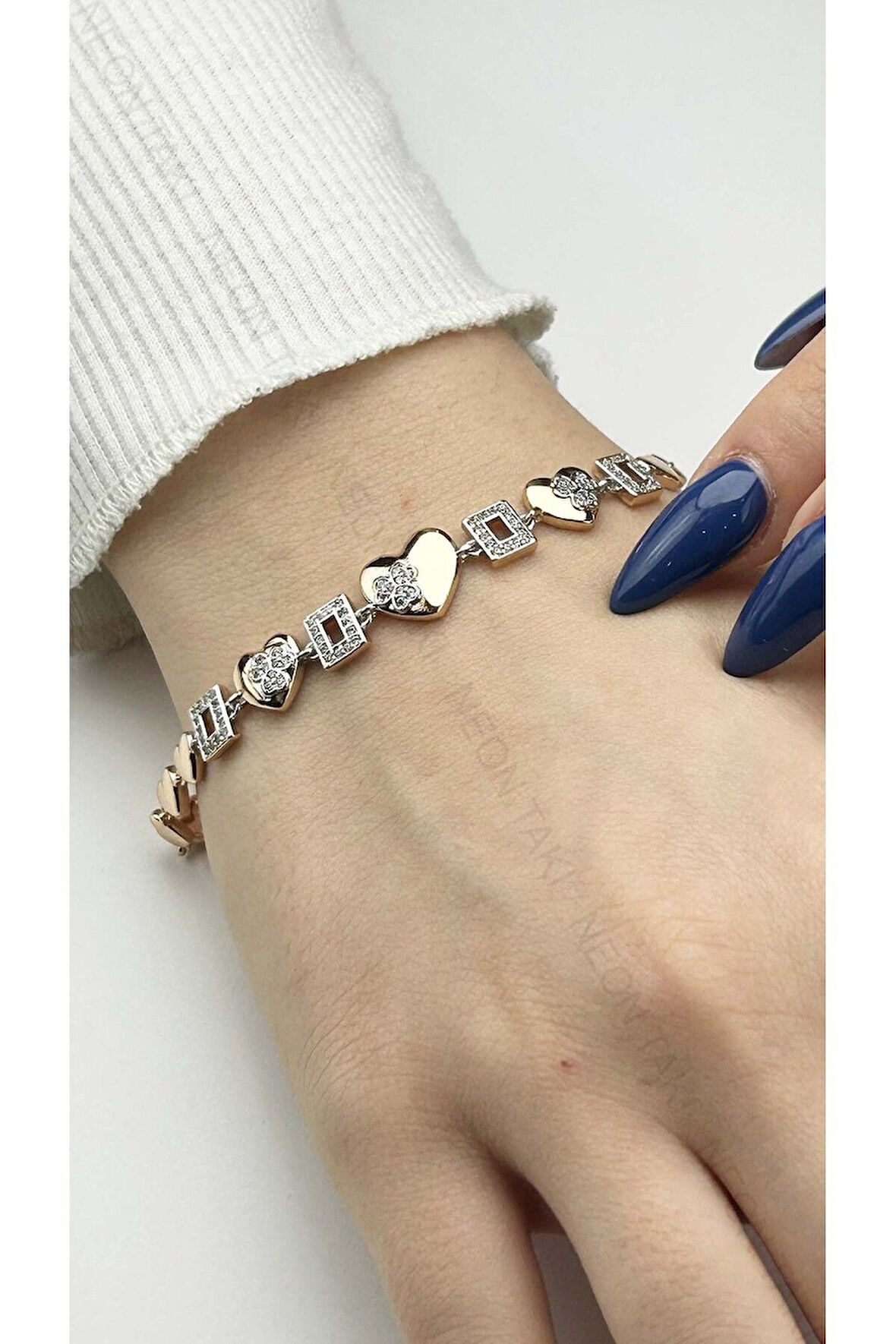 Zirkon Taşlı, Kalp Ve Yonca, Paslanmaz Çelik Bileklik 448, Pembe Altın Rengi