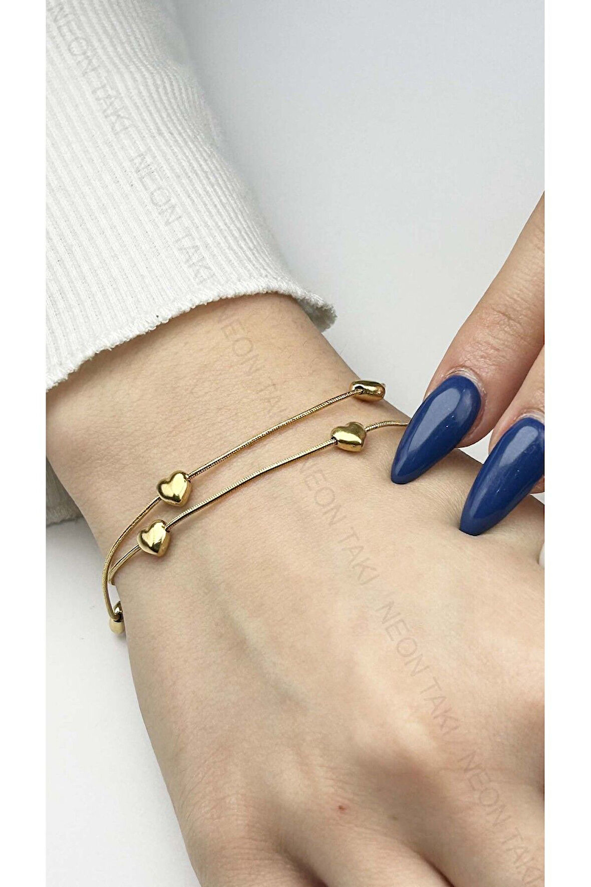 Çift Zincirli, Kalp Figürlü, Paslanmaz Çelik Zincir Bileklik 451, Altın Renk