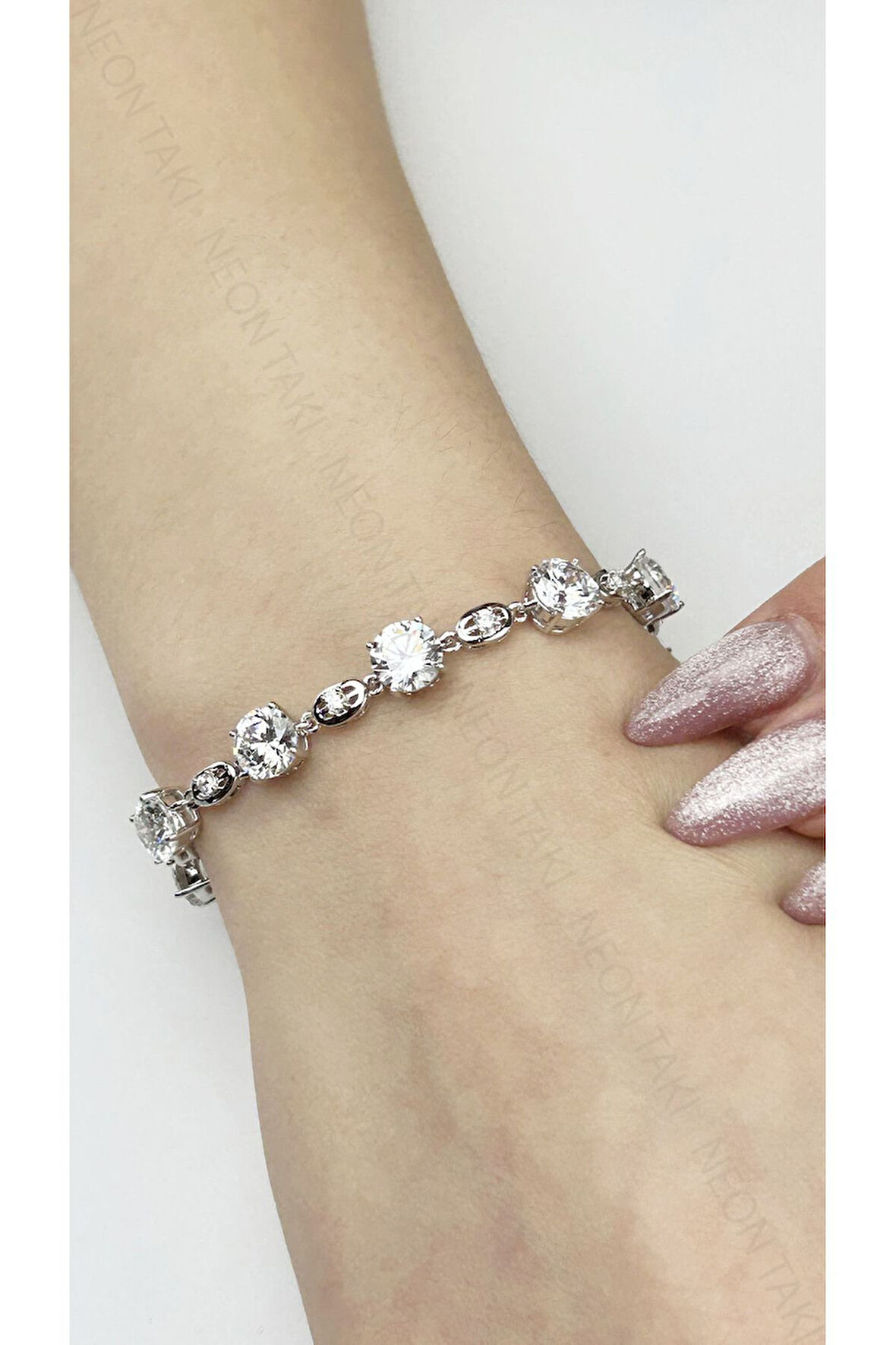 Zirkon Taşlı, Platin Kaplama, Paslanmaz Çelik Bileklik 486, Gümüş Renk