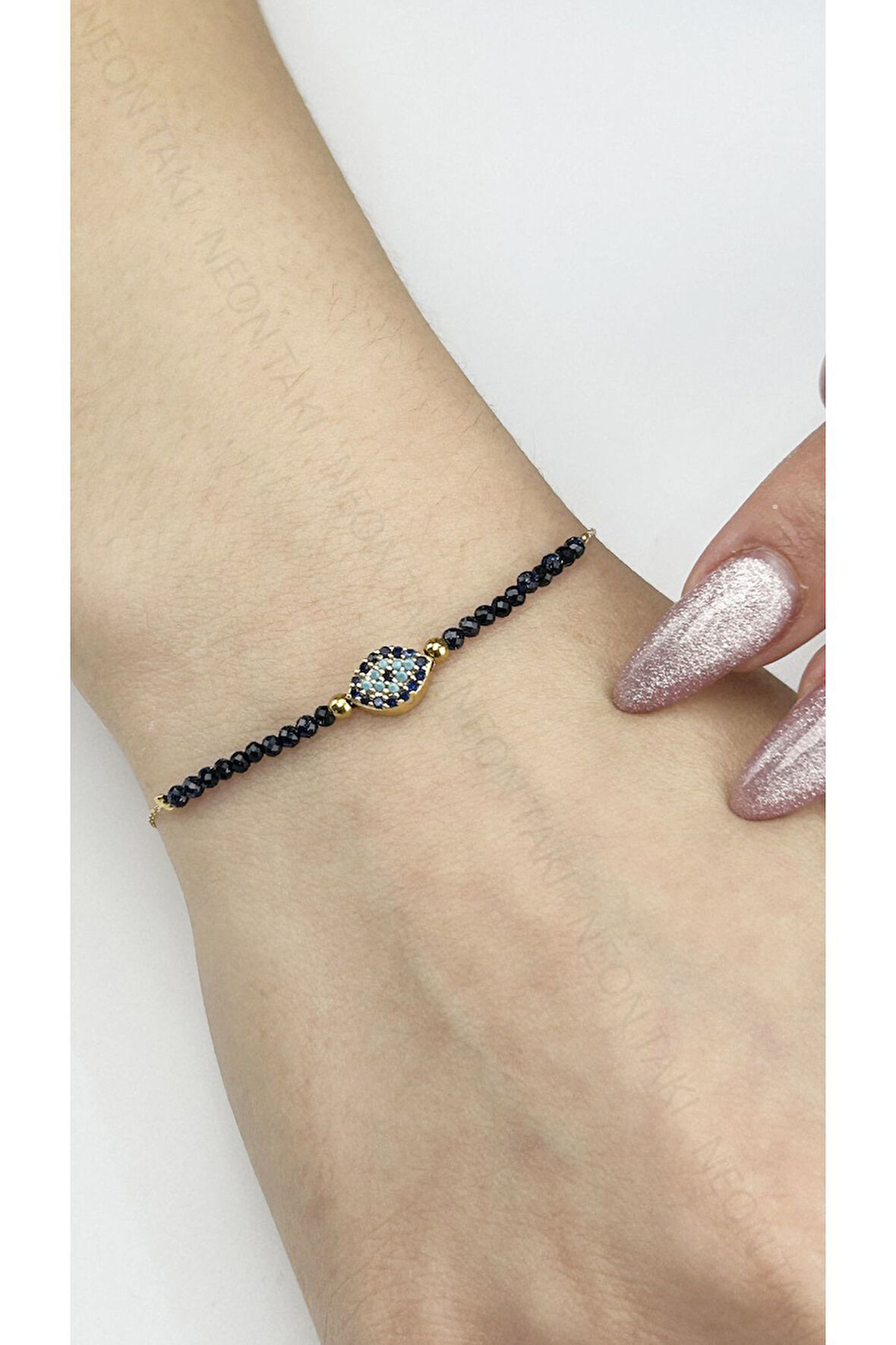 Göz, Kristal Mavi Taşlı Paslanmaz Çelik Zincir Bileklik 489, Altın Renk