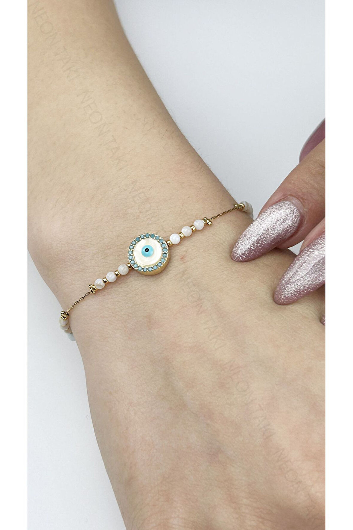 Nazar Boncuğu, Beyaz Taşlı, Paslanmaz Çelik Bileklik 490, Altın Renk