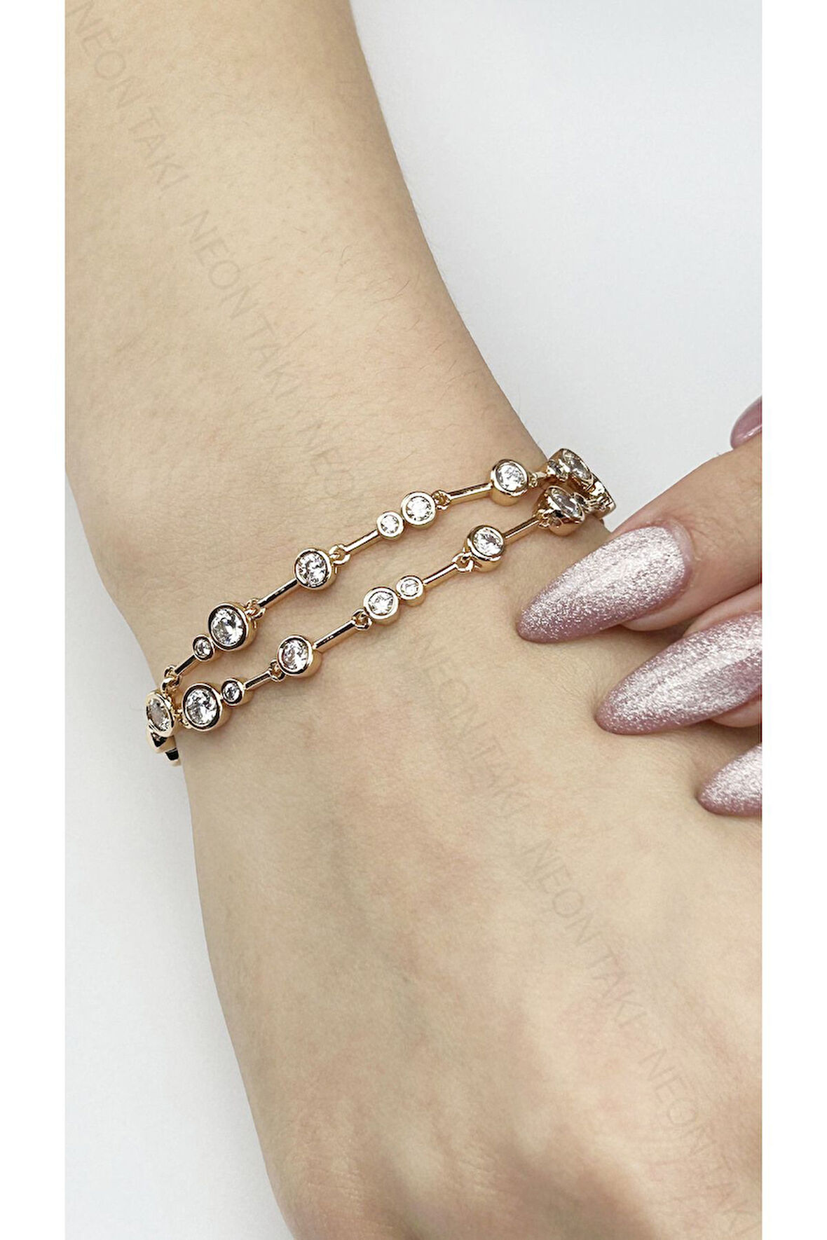 Zirkon Taşlı, Altın Kaplama, Paslanmaz Çelik Bileklik 492, Rose Renk