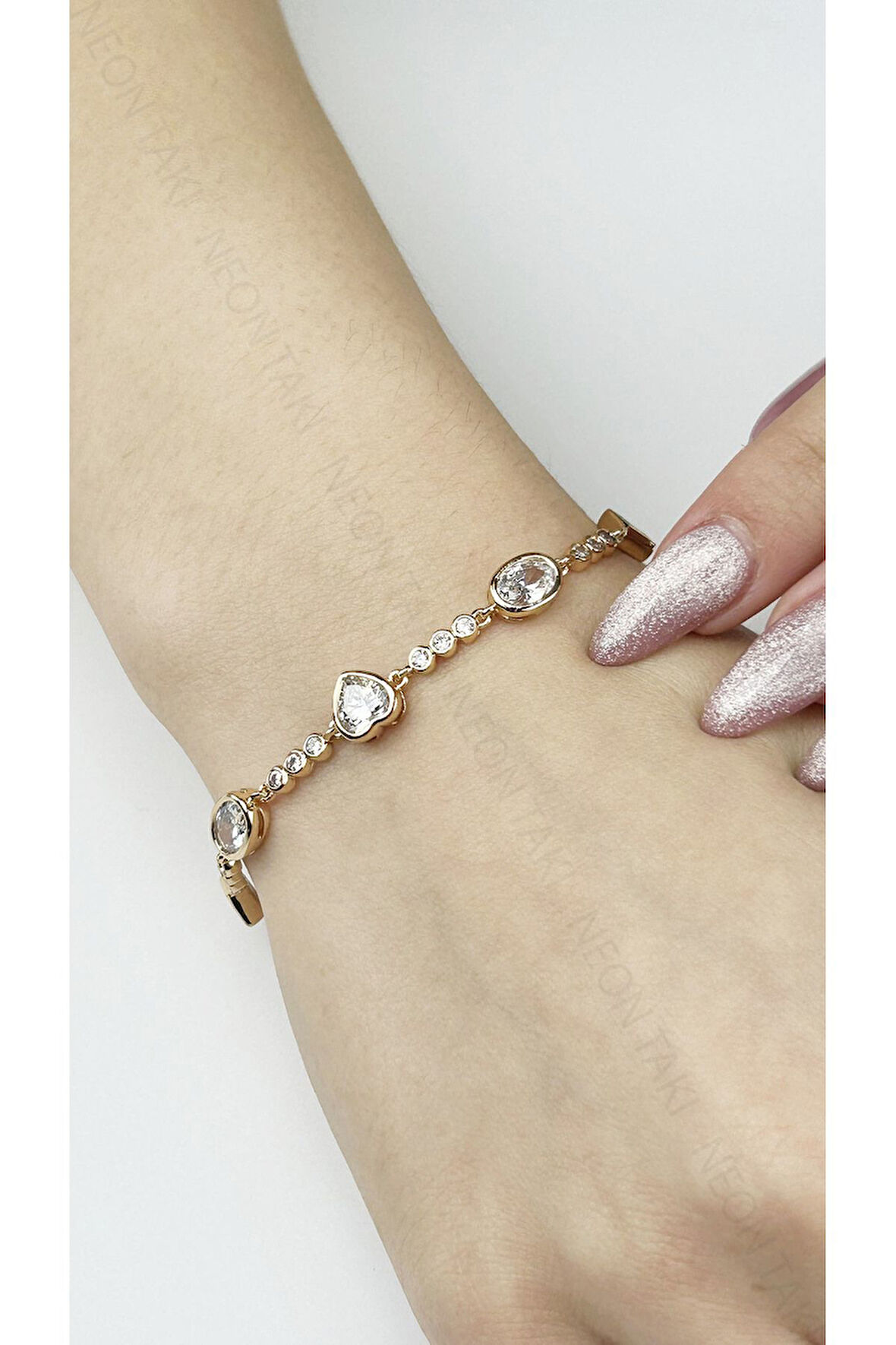 Zirkon Taşlı, Altın Kaplama, Paslanmaz Çelik Bileklik 494, Rose Renk