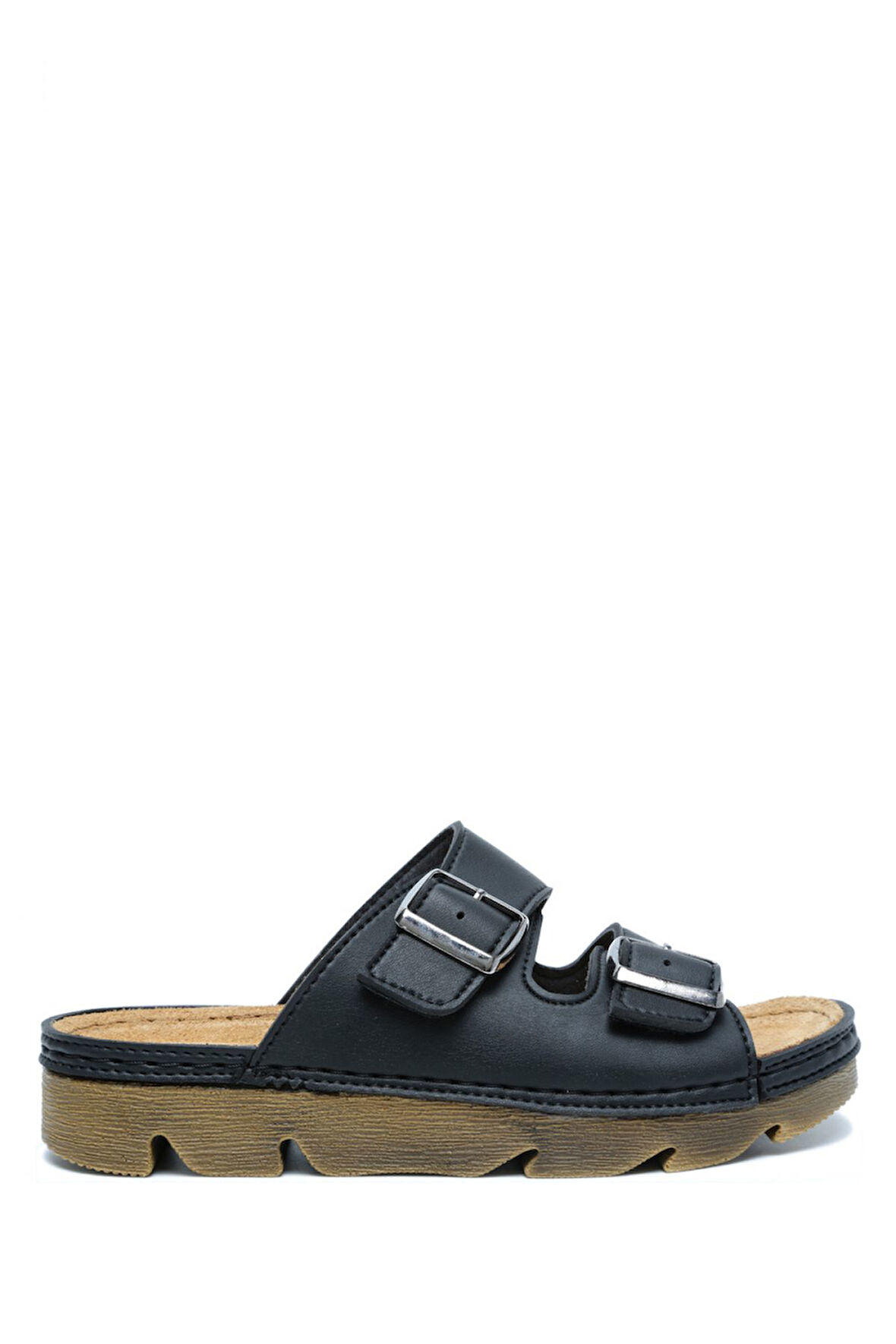 SIB220517-V2 Kifidis-Natura Kadın Çift Bantlı Anatomik Deri Terlik 36-41 Siyah/Black