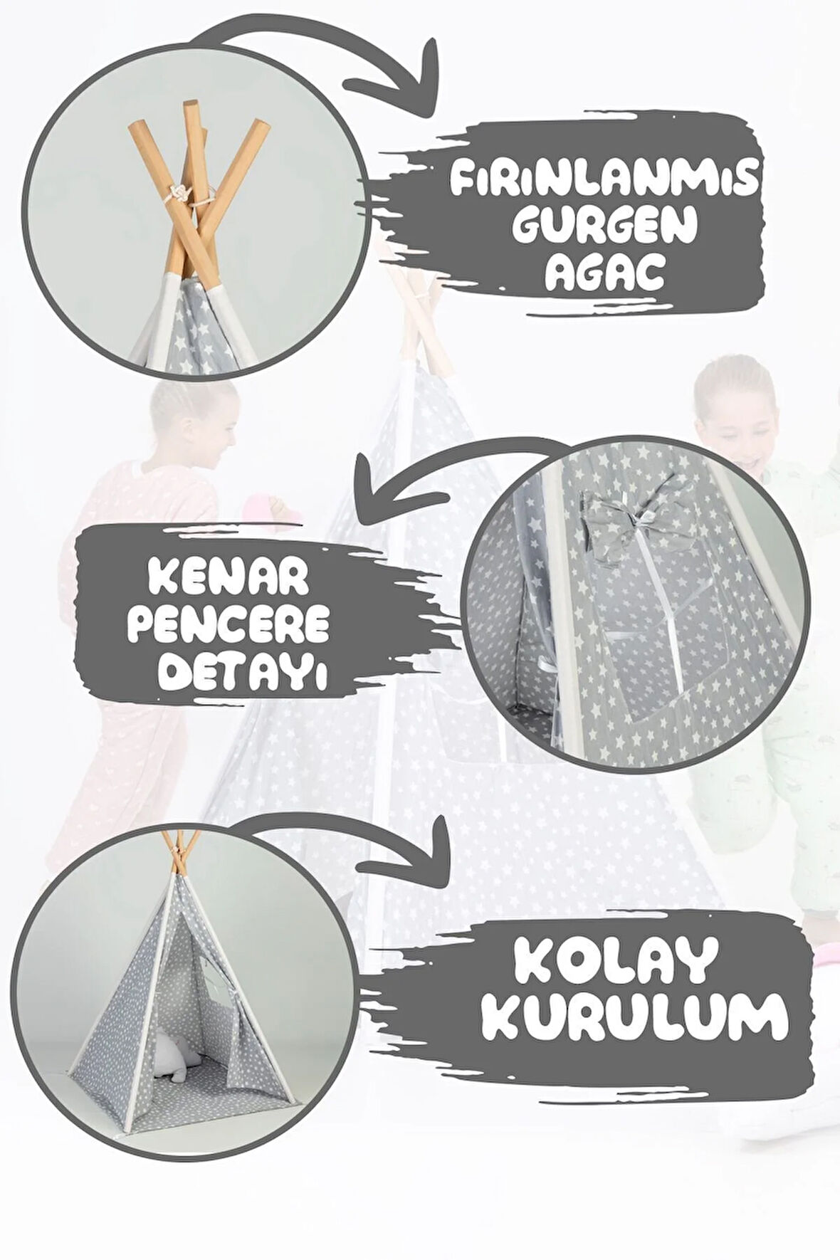 Çocuk Çadır Oyuncak Ev Eğlenceli Bahçe & Ev Oyun Alanı Geniş Ahşap Direkli Çocuk Oyun Çadırı Kız Erk