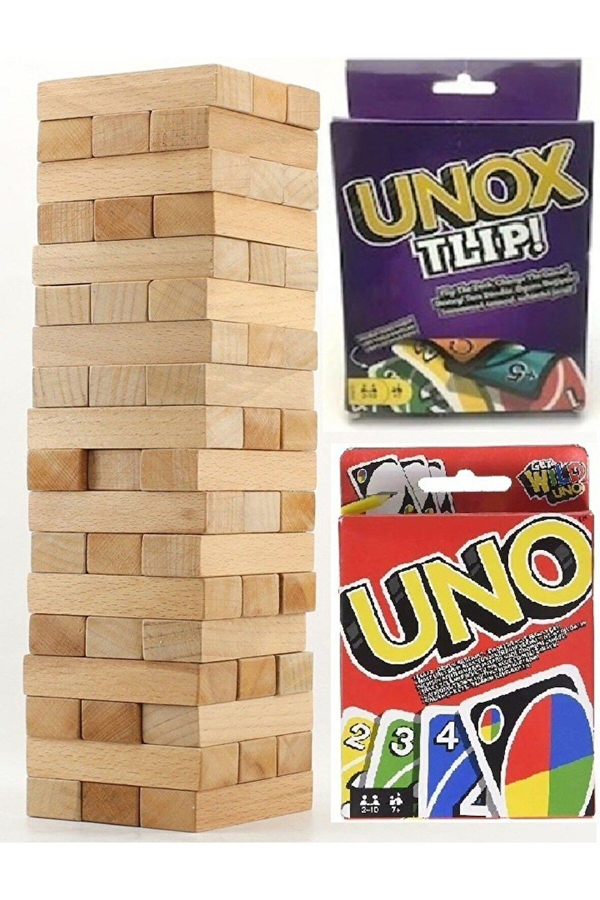 Eğitici Öğretici Çocuk Oyuncaklar Hece 54 Parça Ahşap Jenga Denge Oyunu + Uno Kart Oyunu + Unox Flip