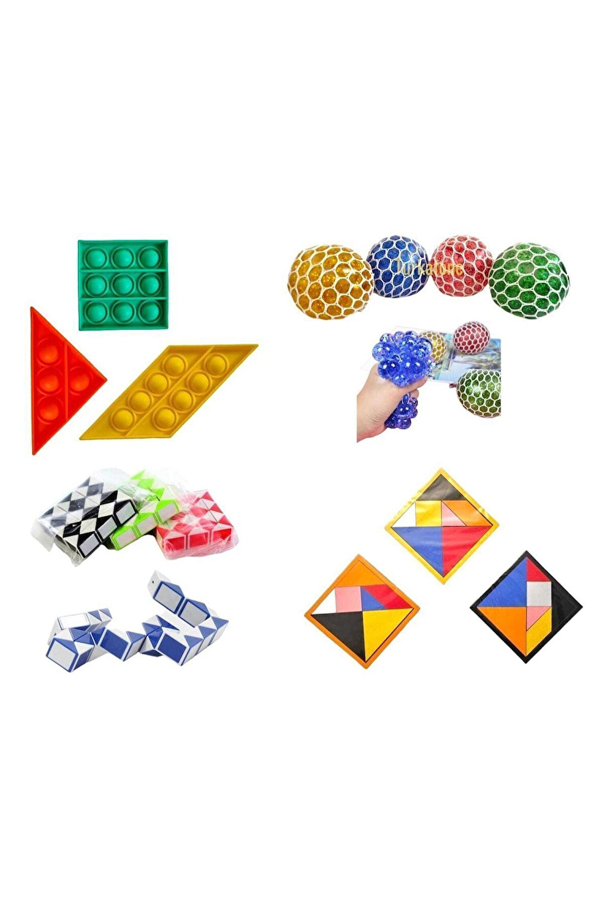 Eğitici Öğretici Çocuk Oyuncaklar 4'lü Zeka Ve Eğlence Setin 1Adet pop-it 1Adet Beyincik 1Adet Tangr