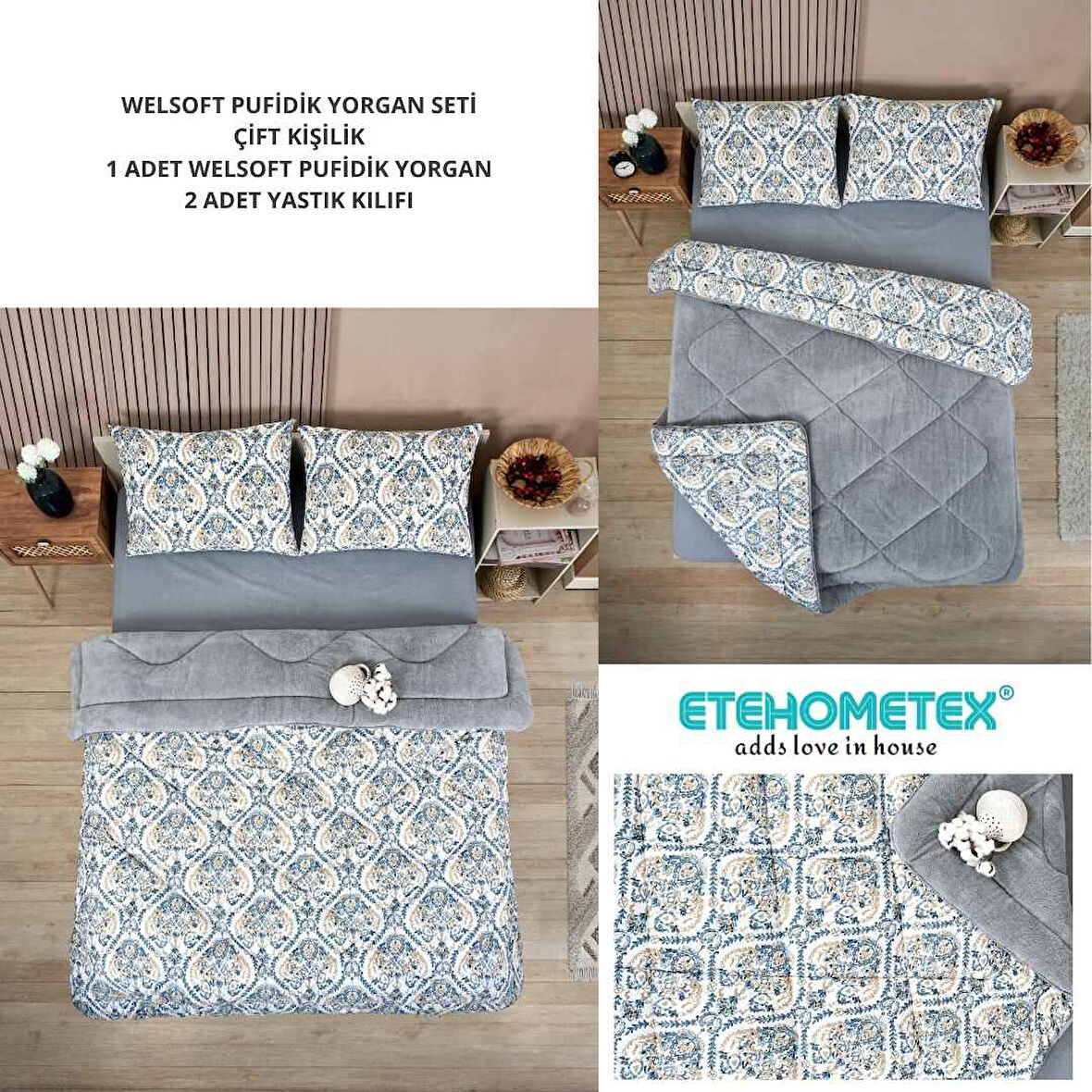 ETE HOMETEX ÇİFT KİŞİLİK LÜX WELSOFT YORGAN SETİ 195X215CM AKSU GRİ 8696474231868