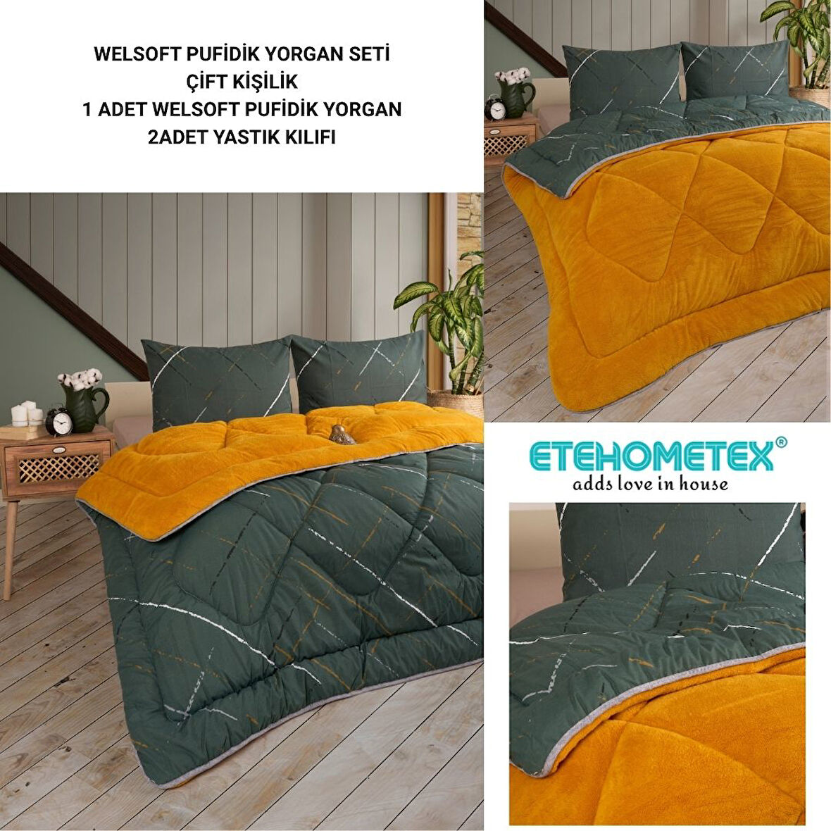 ETE HOMETEX ÇİFT KİŞİLİK LÜX WELSOFT YORGAN SETİ 195X215CM YANSIMA HARDAL 8696474231870