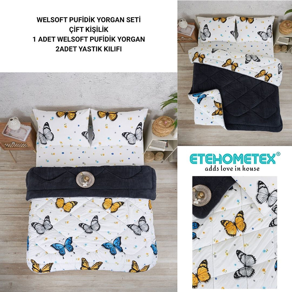 ETE HOMETEX ÇİFT KİŞİLİK LÜX WELSOFT YORGAN SETİ 195X215CM KELEBEK ANTRASİT 8696474231941