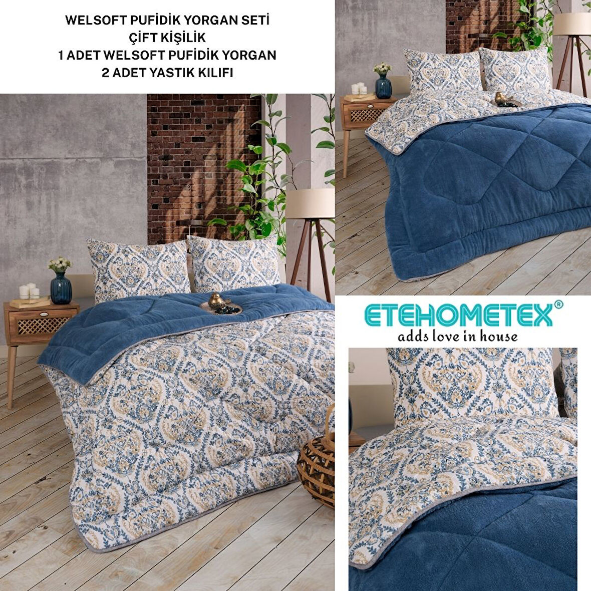 ETE HOMETEX ÇİFT KİŞİLİK LÜX WELSOFT YORGAN SETİ 195X215CM AKSU İNDİGO 8696474231943