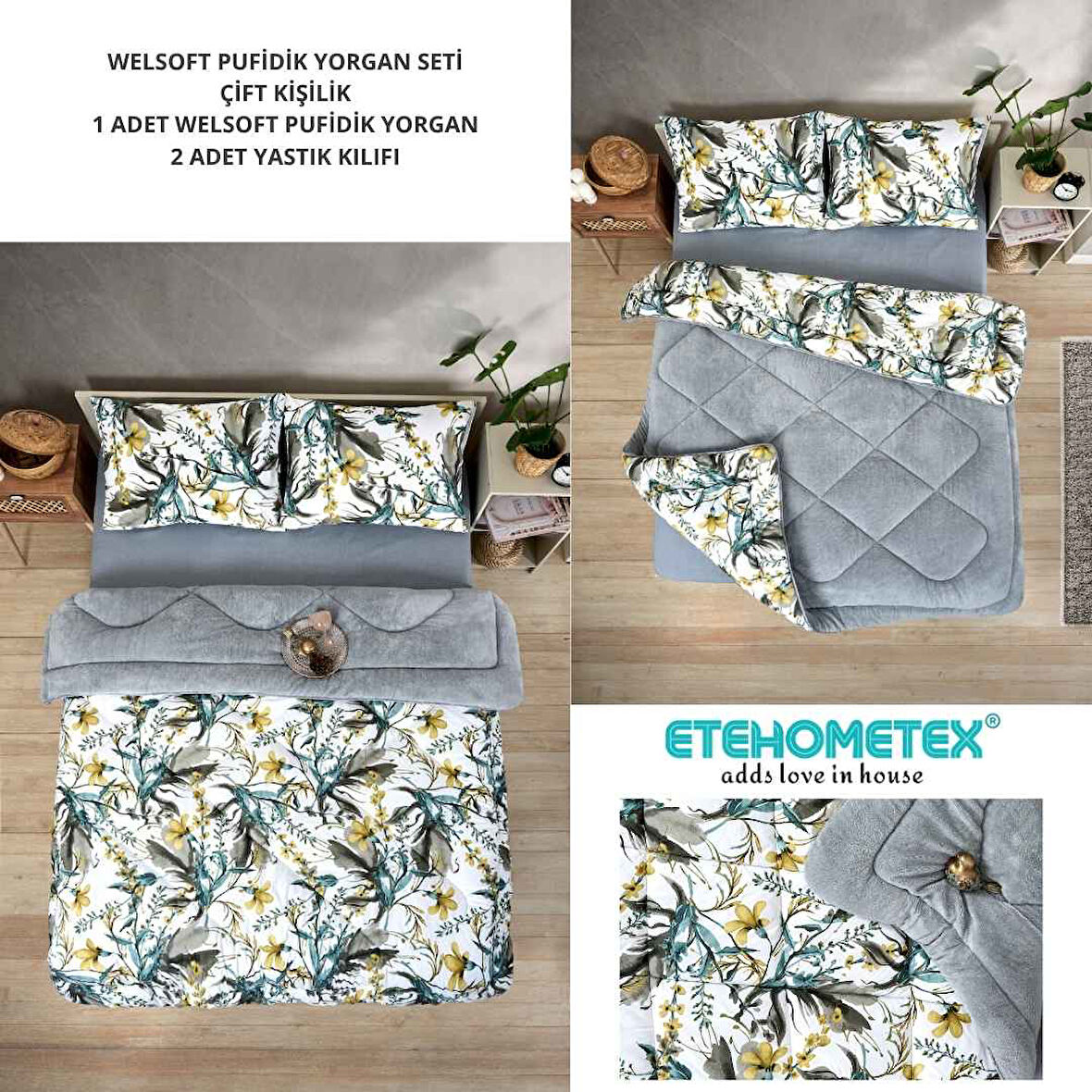 ETE HOMETEX ÇİFT KİŞİLİK LÜX WELSOFT YORGAN SETİ 195X215CM ASYA GRİ 8696474231944