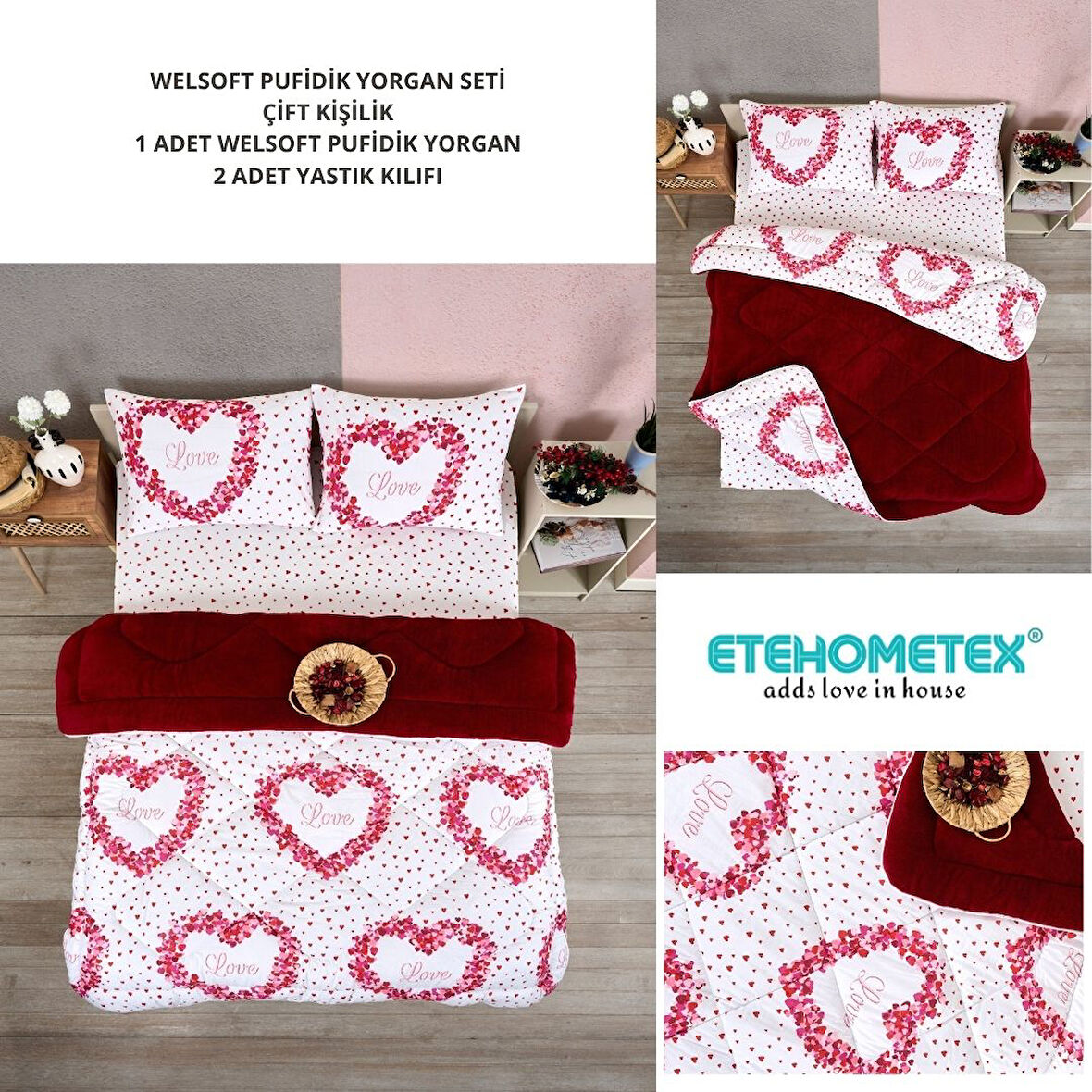 ETE HOMETEX ÇİFT KİŞİLİK LÜX WELSOFT YORGAN SETİ 195X215CM LOVE BORDO 8696474231946