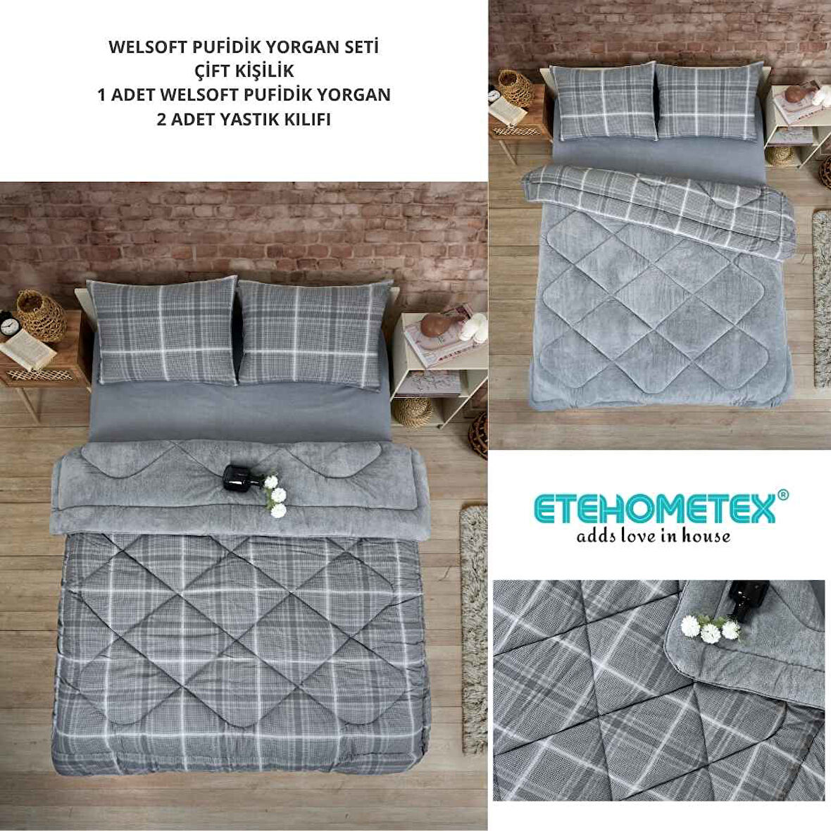 ETE HOMETEX ÇİFT KİŞİLİK LÜX WELSOFT YORGAN SETİ 195X215CM SAFİR GRİ 8696474231948