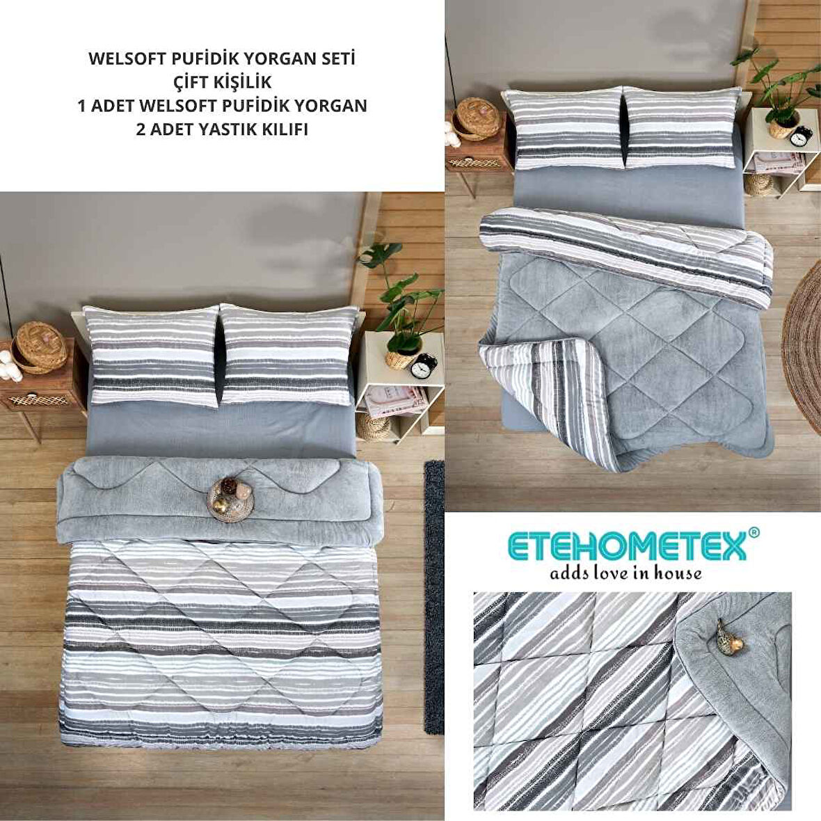 ETE HOMETEX ÇİFT KİŞİLİK LÜX WELSOFT YORGAN SETİ 195X215CM TASEL GRİ 8696474231951