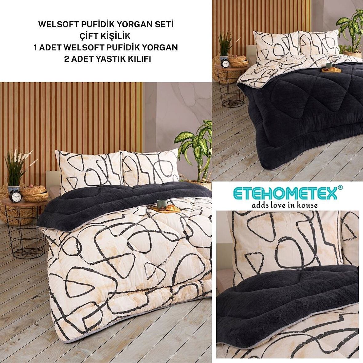 ETE HOMETEX ÇİFT KİŞİLİK LÜX WELSOFT YORGAN SETİ 195X215CM EFEKT ANTRASİT 8696474231963