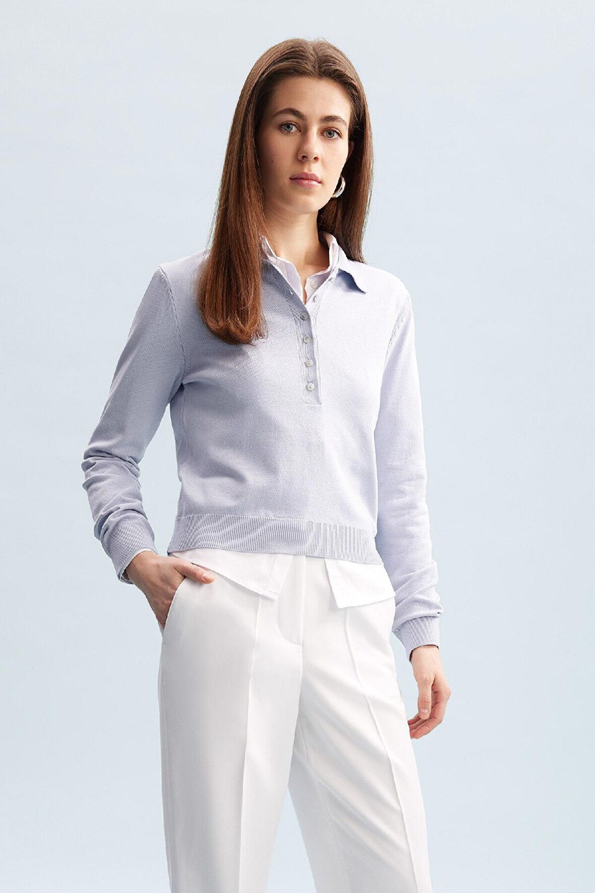 Regular Fit Polo Yaka Basic Düz Triko Kazak