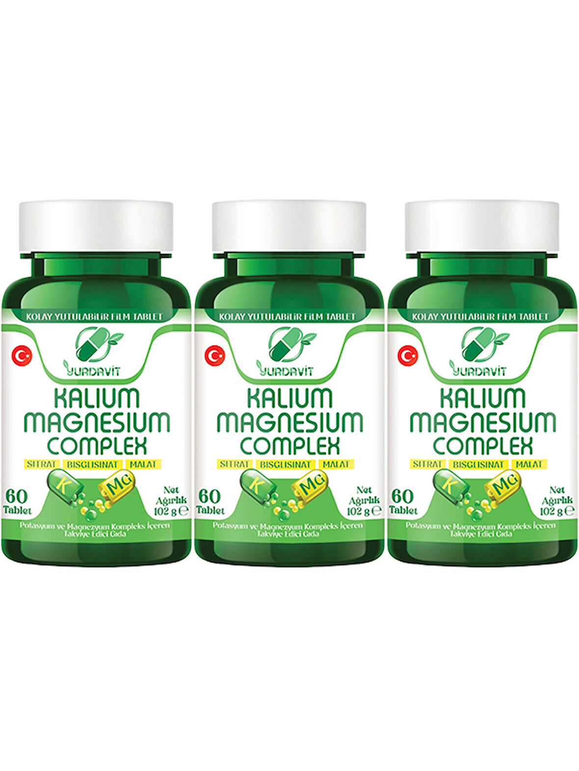 Yurdavit Kalium Magnesium Complex 3x60 Tablet Potasyum Magnezyum Sitrat Malat Bisglisinat Kompleks 