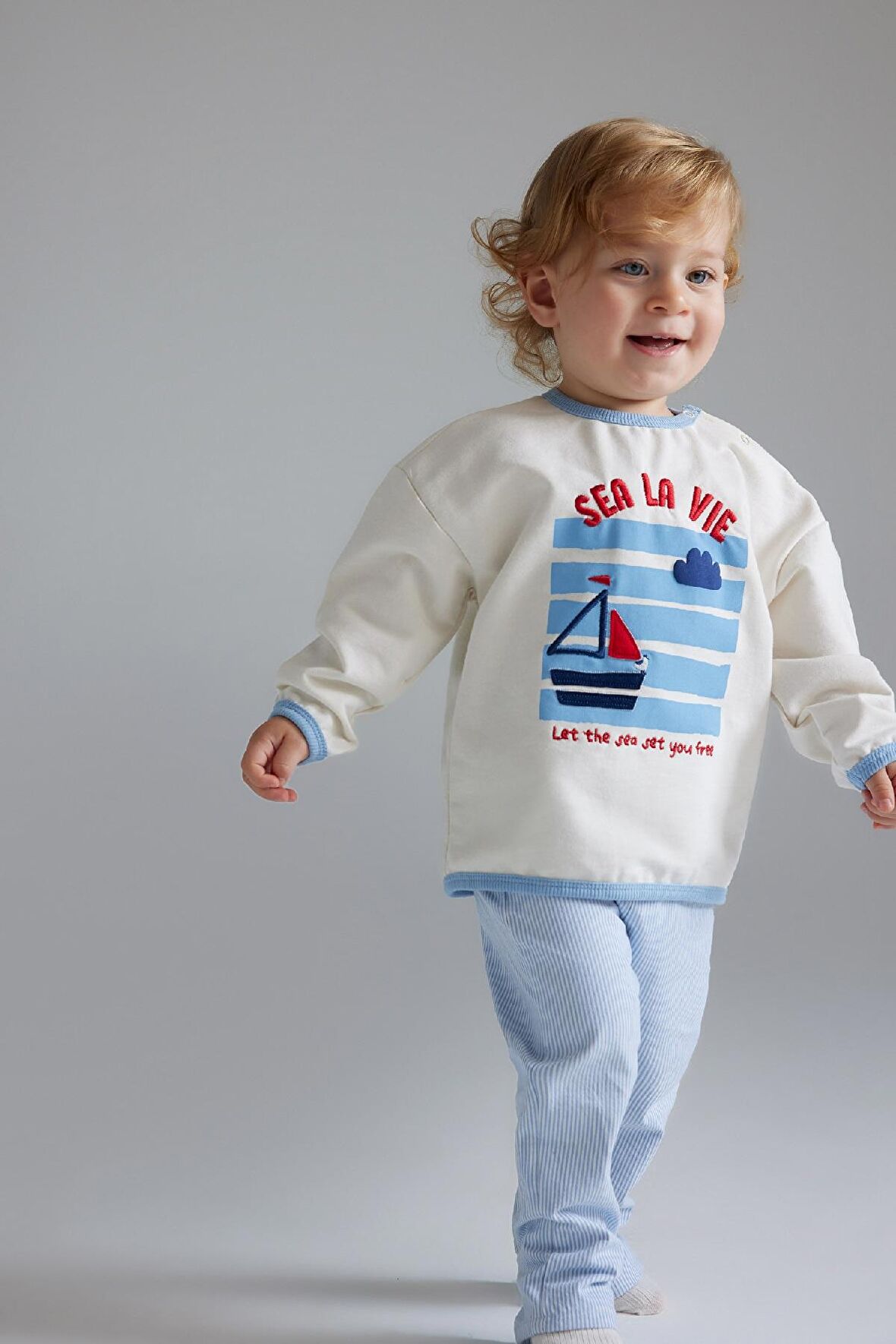 DeFacto Erkek Bebek 2'li Takım Bisiklet Yaka Baskılı Sweatshirt Çizgili Alt D9088A525SPER233