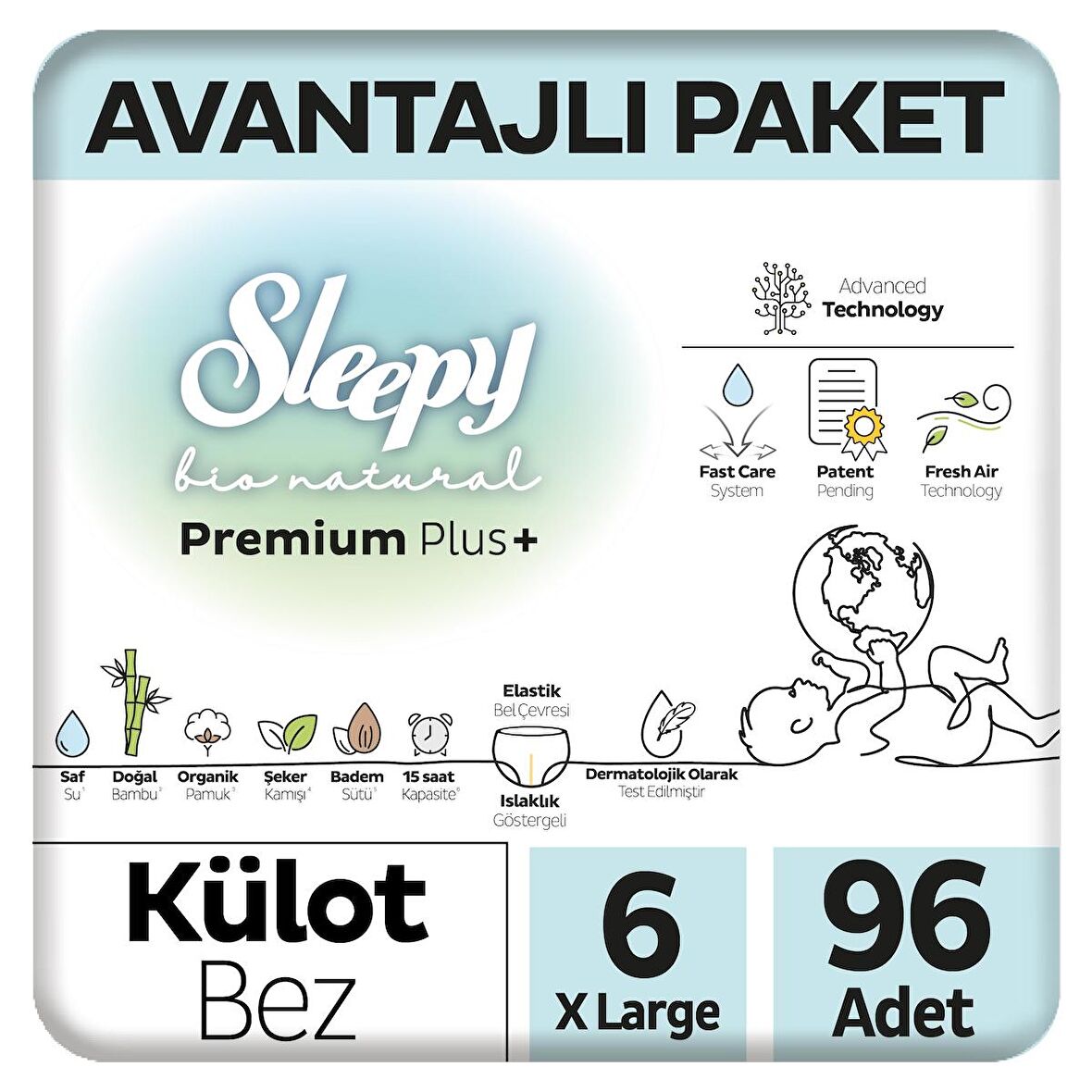 Sleepy Bio Natural Premium Plus Avantajlı Paket Külot Bez 6 Numara Xlarge 96 Adet