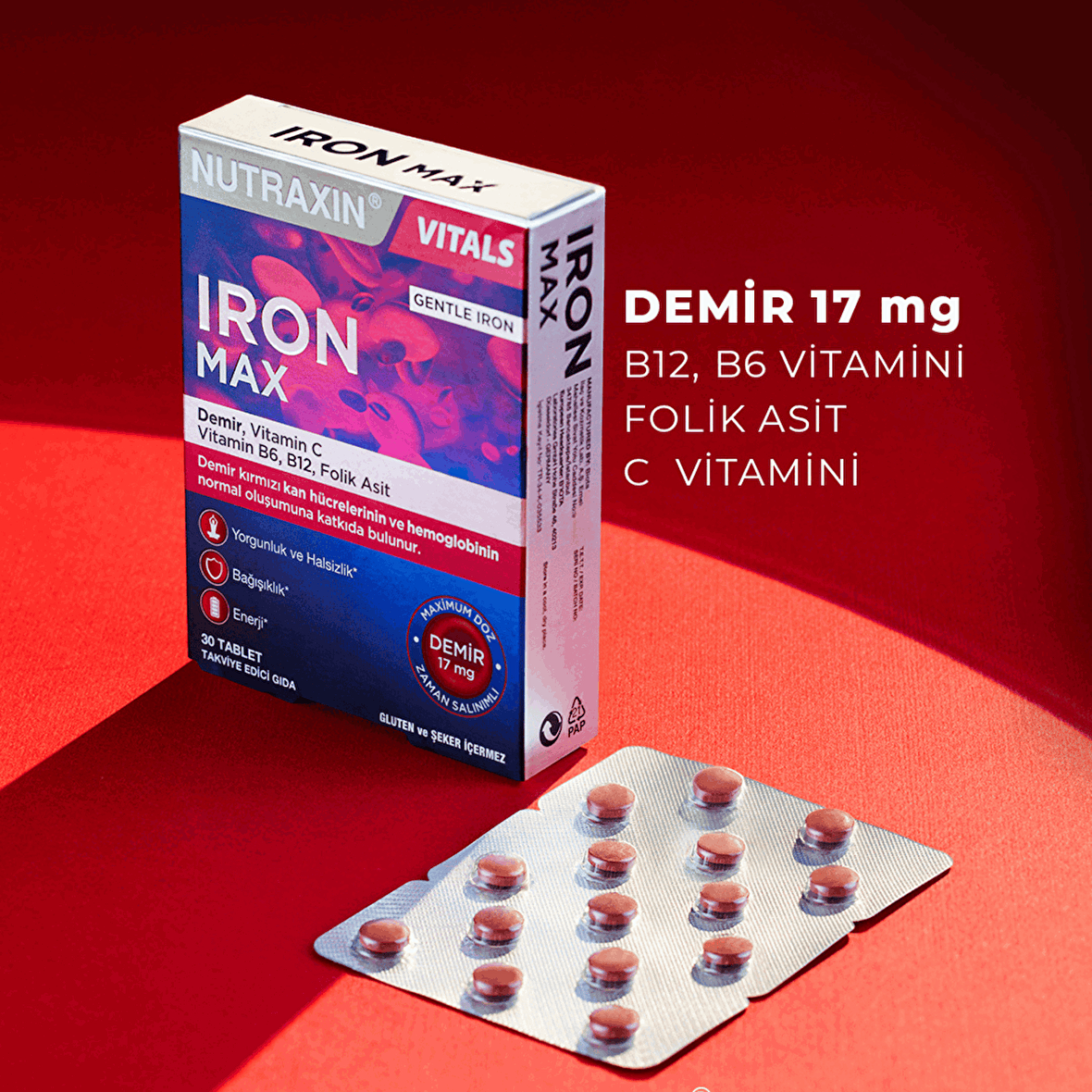 Iron Max 17 Mg 30 Tablet - Gentle Iron, Vitamin C, B12, B6, Folik Asit