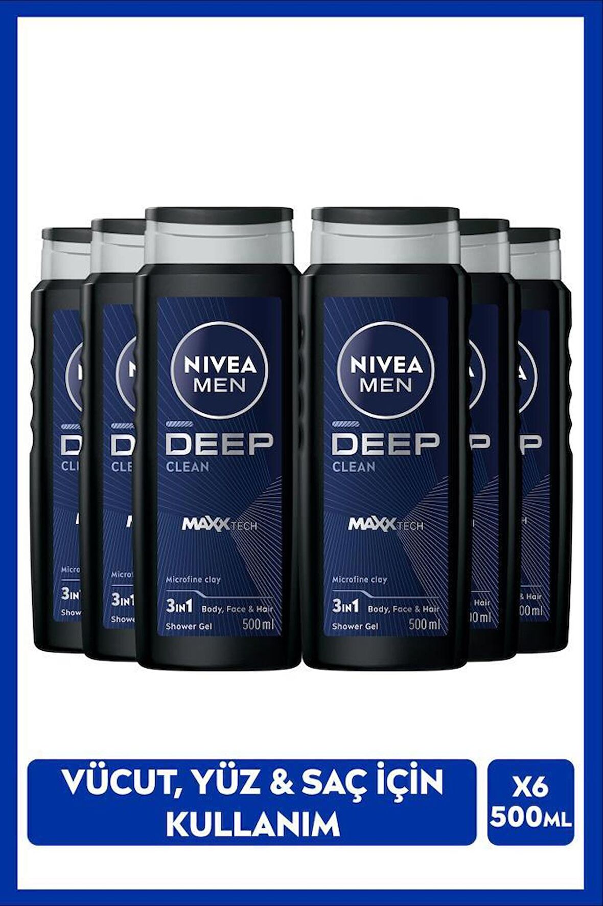 NIVEA MEN Erkek Deep Dimension Banyo Ve Duş Jeli 500ml, 3'ü1 Arada Komple Bakım, Vücut Saç Ve Yüz, X6 Adet