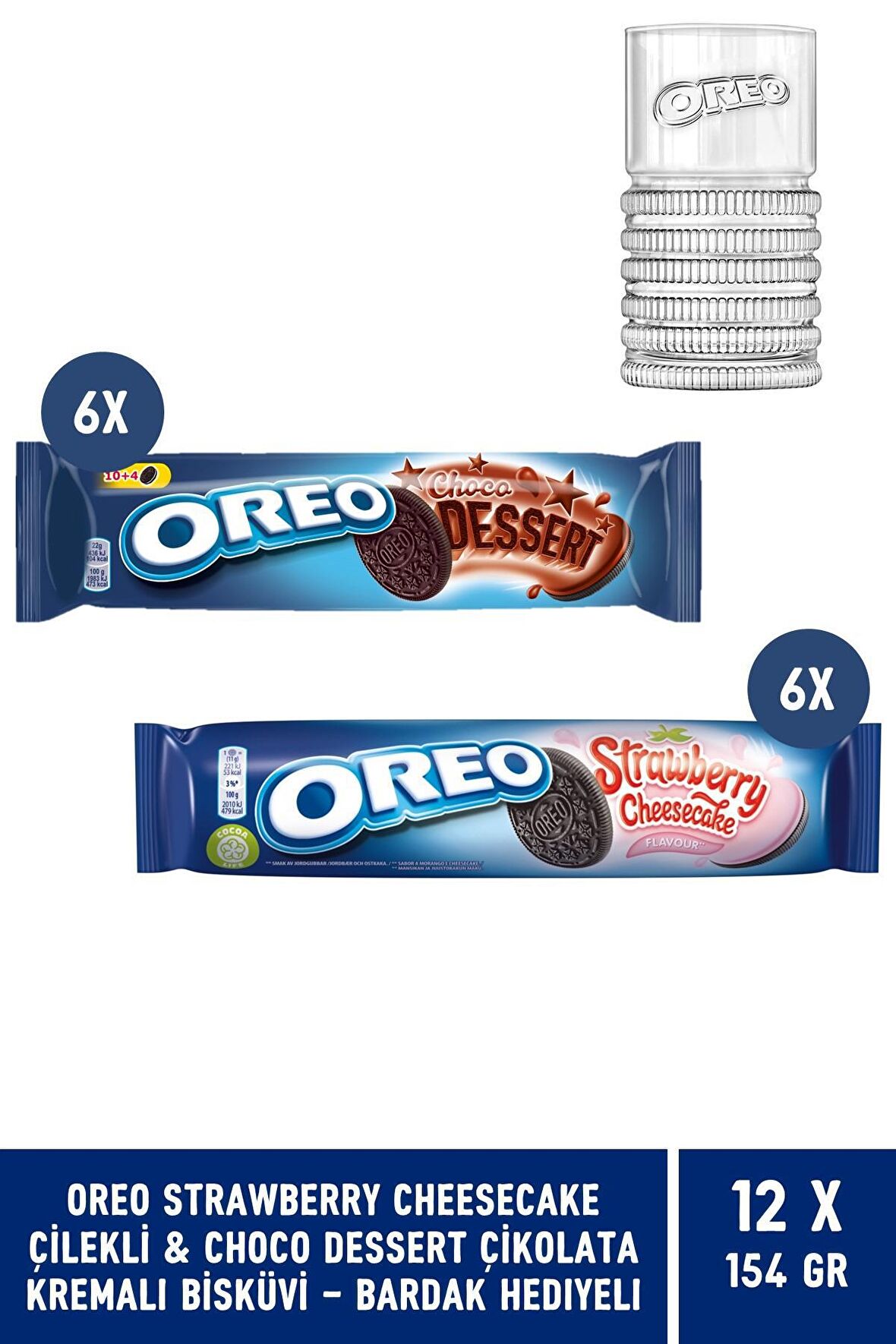 Bardak Hediyeli-Oreo Strawberry Cheesecake & Choco Dessert Çikolatalı Kremalı Bisküvi 154 gr-12 Adet