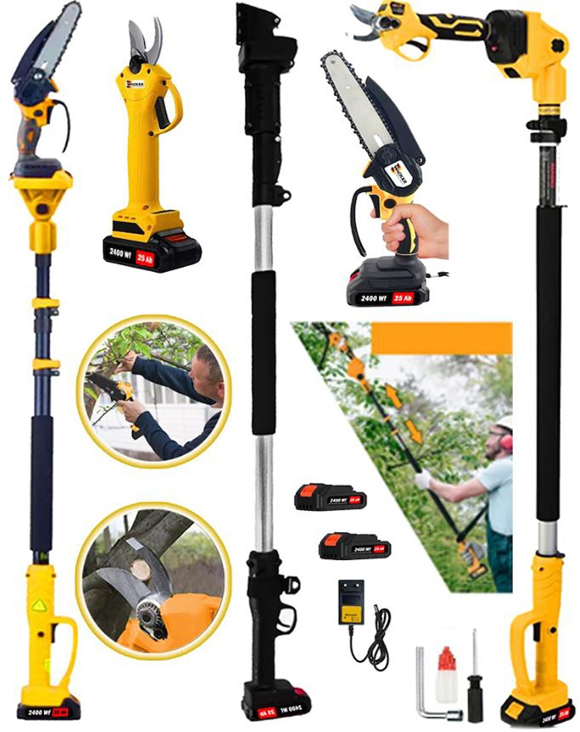 Wacker Germany 3 Lü Set Yellow 2400 Wf 25 Ah 2 Akülü Dal Budama + Akülü Bağ Makası + 2.7 MT Teleskopik Uzatmalı