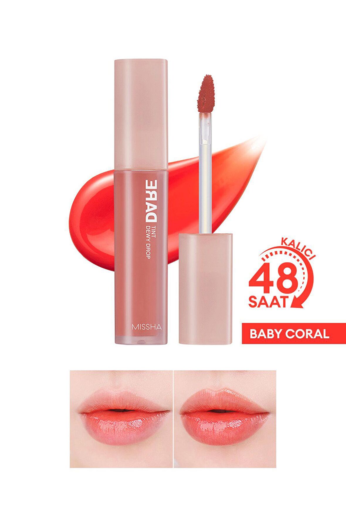 Uzun Süre Kalıcı, Nemli Bitiş Sunan Parlak Tint Dare Tint Dewy Drop (Baby Coral) 8809747942763