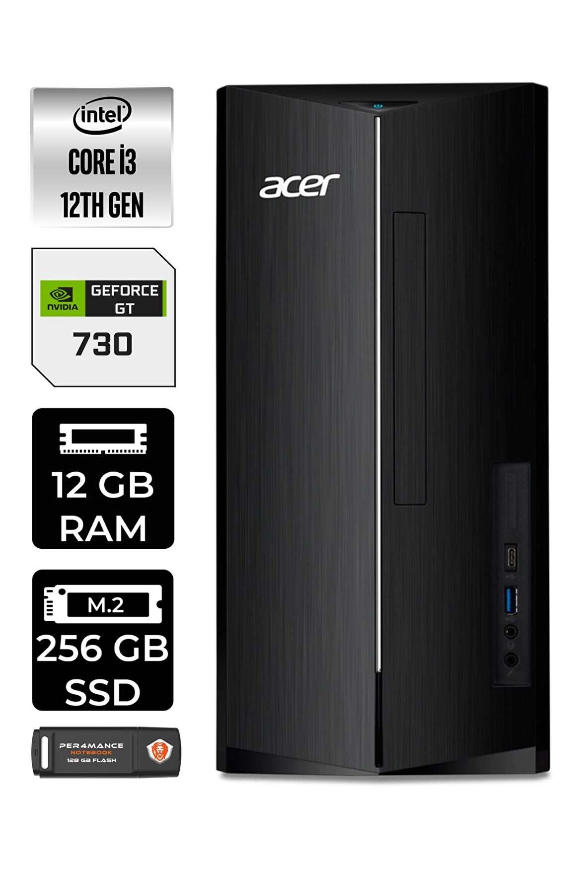 ACER ASPİRE i3 12100 12GB RAM 256GB SSD GT730/4GB FDOS DT.BHUEM.004 MASAÜSTÜ PC & PER4 BELLEK