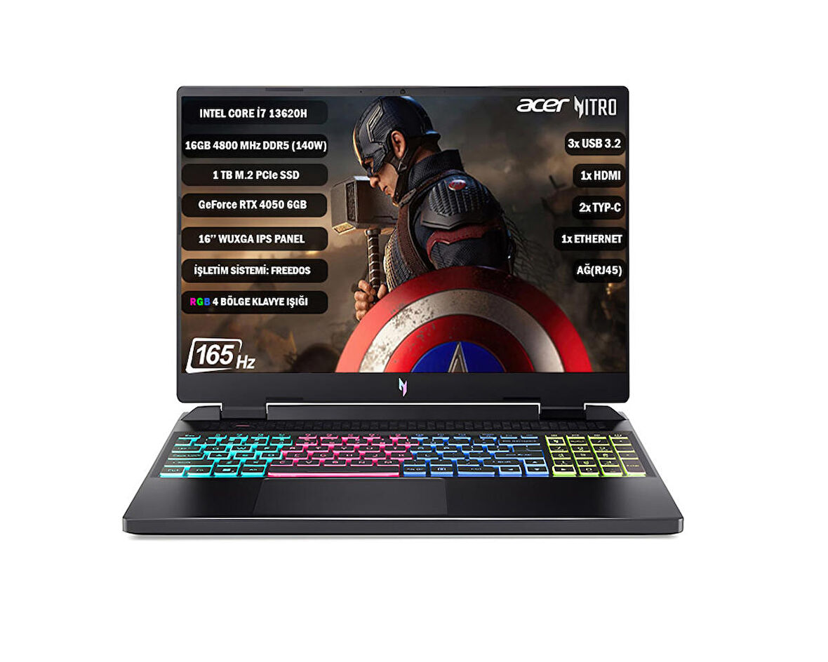ACER Nitro16 i7-13620H 16 GB 1TB SSD RTX4050-6 GB 16'' FHD IPS 165Hz NVIDIA G-SYNC FDOS NH.QJMEY.007