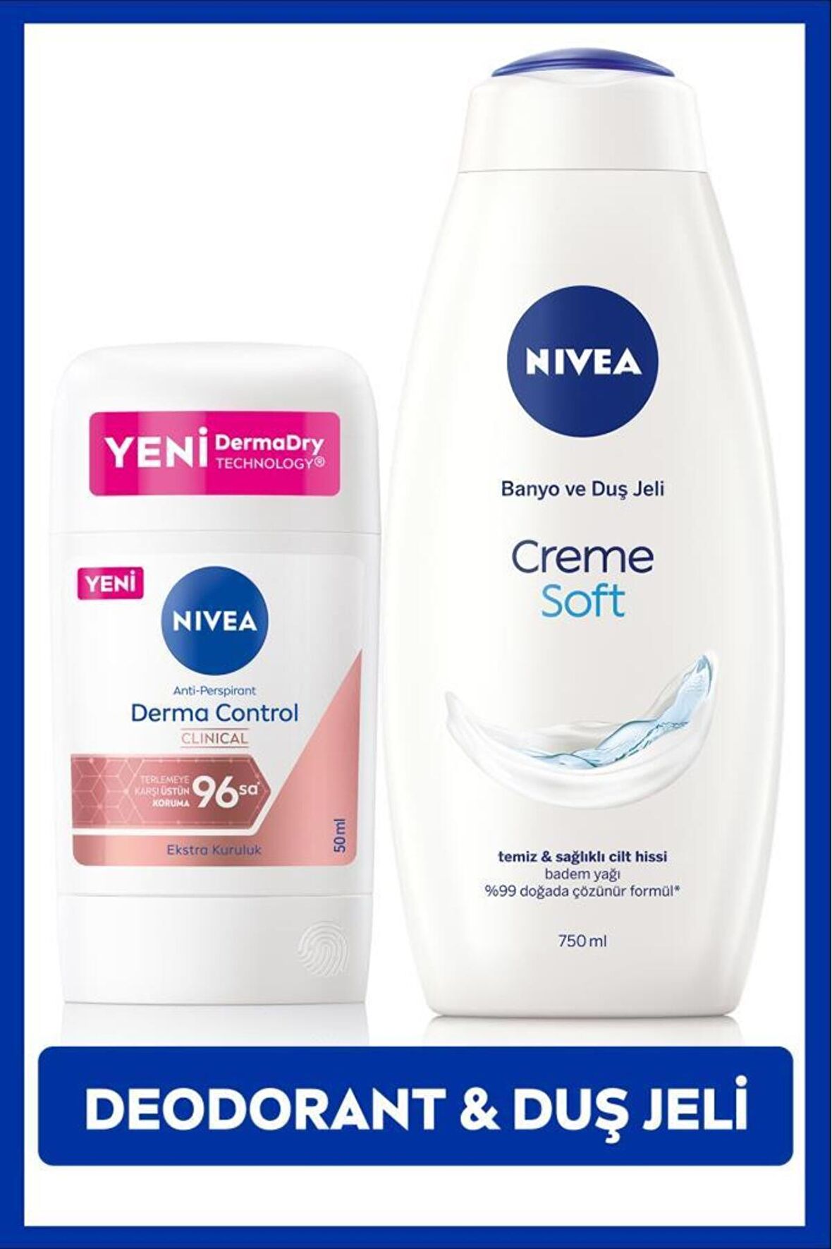 Nivea Kadın Stick Deodorant Derma Control Clinical 50ml ve Creme Care Nemlendirici Duş Jeli 750ml