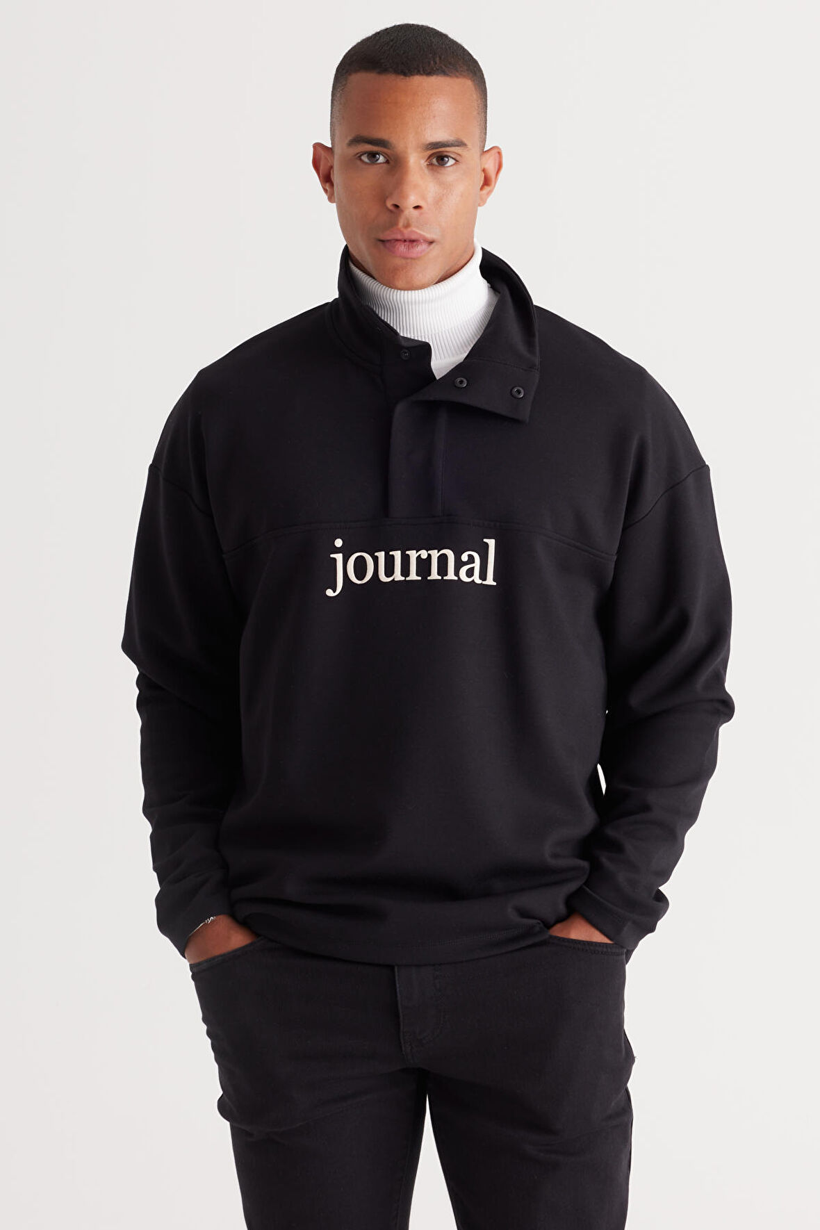 Erkek Siyah Loose Fit Bato Yaka Içi Polarlı 3 Iplik Baskılı Sweatshirt
