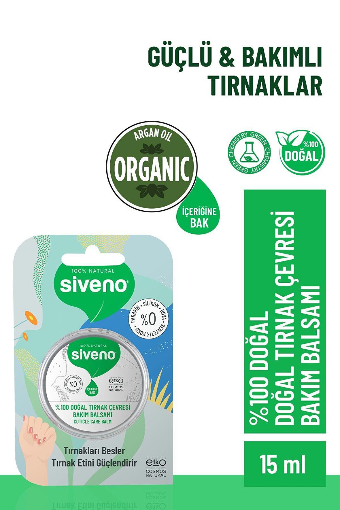 Siveno %100 Doğal Tırnak Çevresi Bakım Balsamı Organik Argan Yağlı Bitkisel Onarıcı Krem 15 ml